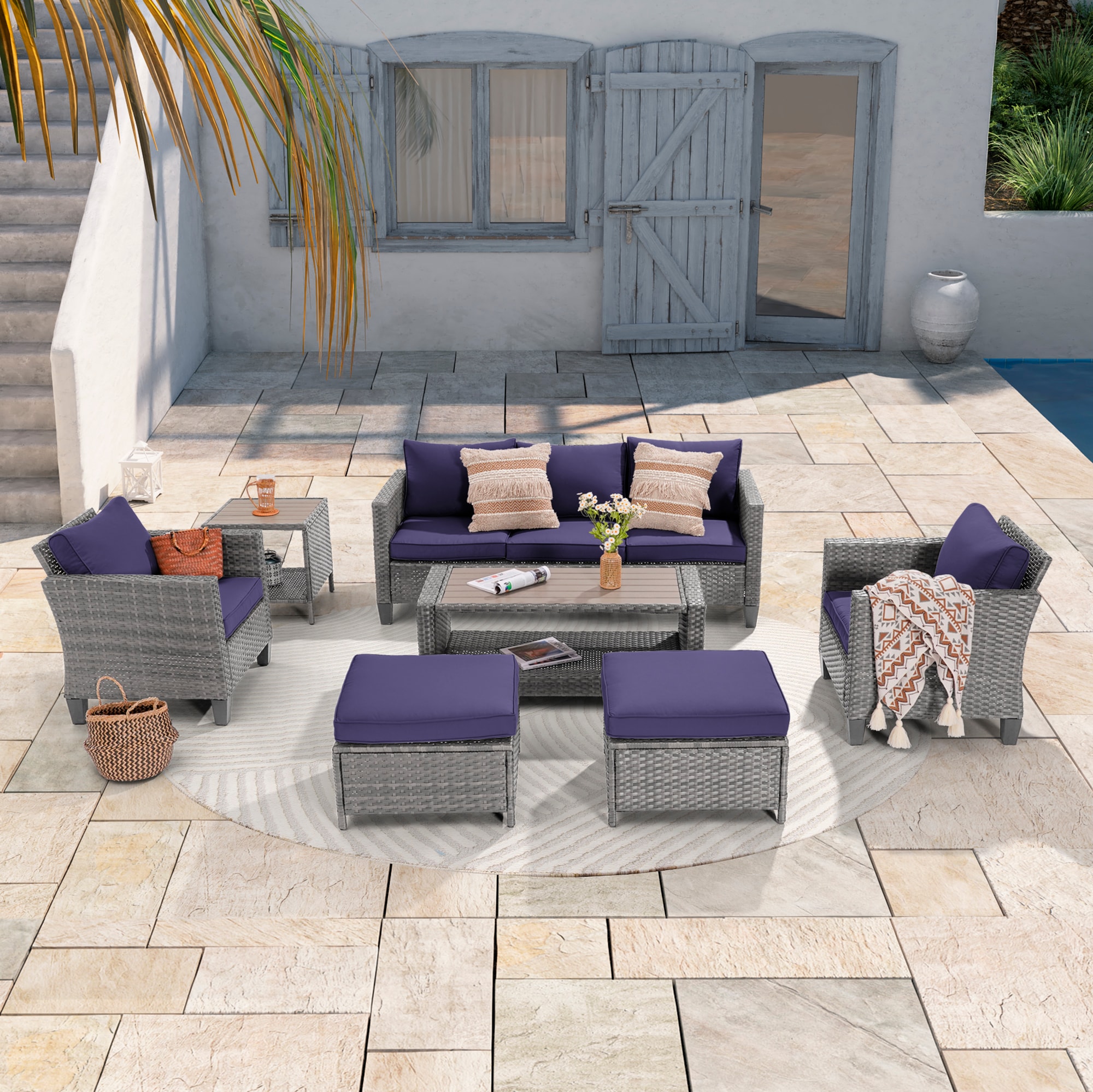 ACEGOSES LW-115HNY-S1T3 7 -Piece Wicker Patio Sofa Conversation Set with Blue Cushions