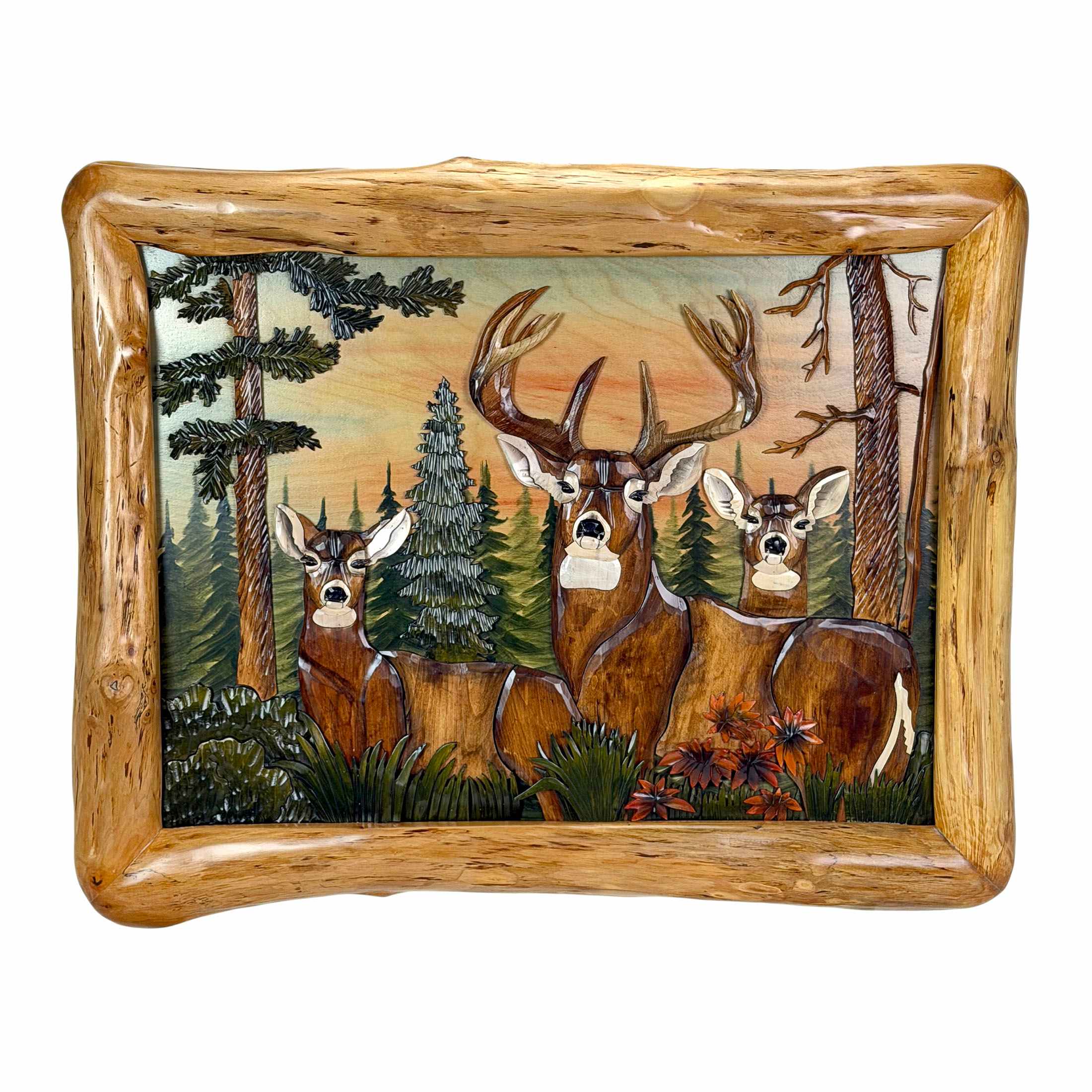 Zeckos Deer In Woods 36 x 28 Inch Intarsia Wood Wall Sculpture With Live Edge Rustic Frame For Cabin Or Lodge Decor