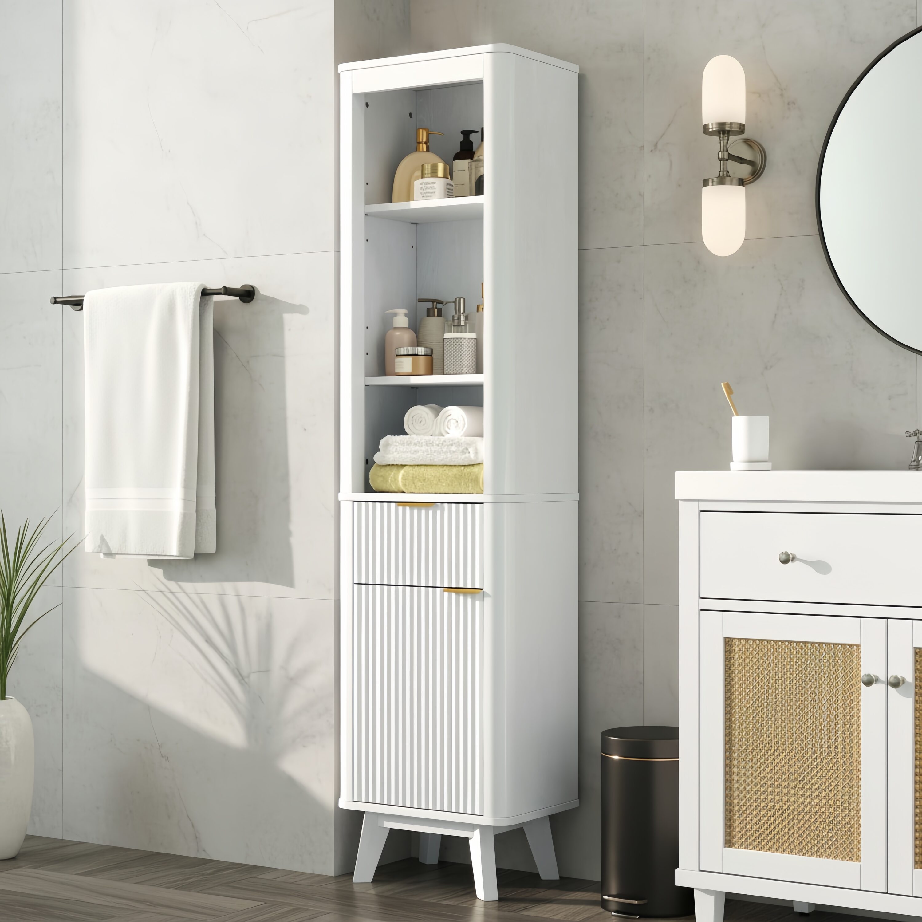 Forclover CNE Storage Cabinet 15.75-in x 68-in x 11.61-in White Freestanding Soft Close Linen Cabinet