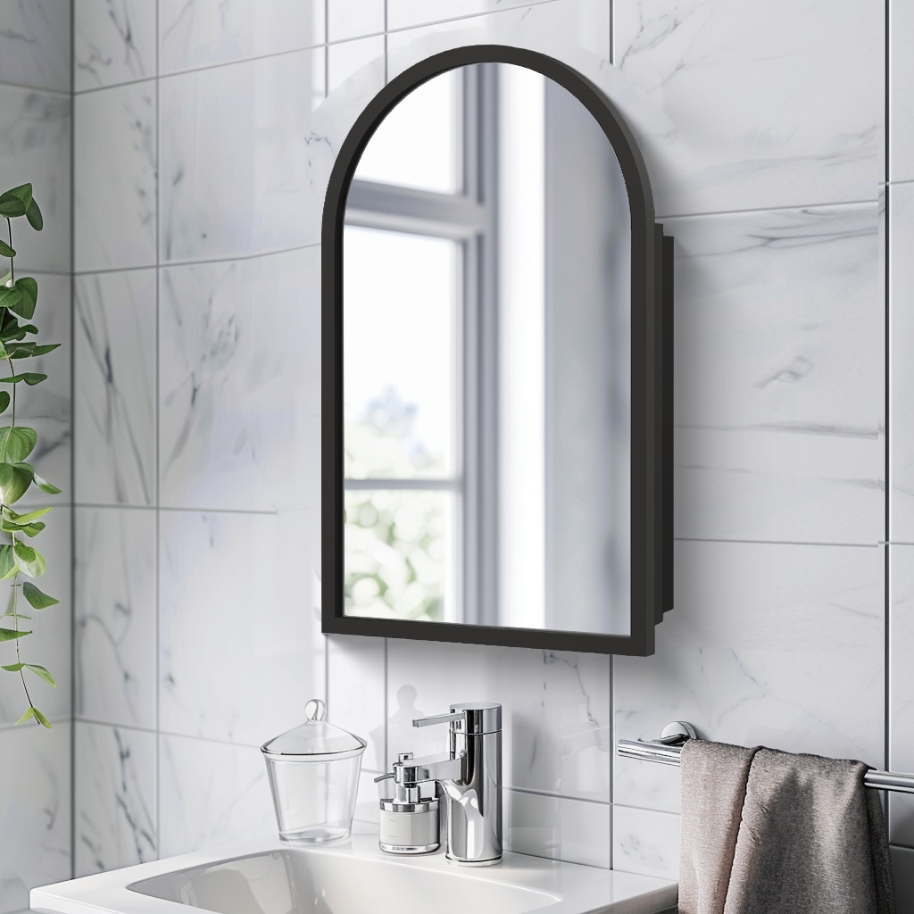 Forclover HBM-V6608 Medicine Cabinet 16-in x 30-in Surface/Recessed Mount Black Mirrored Arched Soft Close Medicine Cabinet