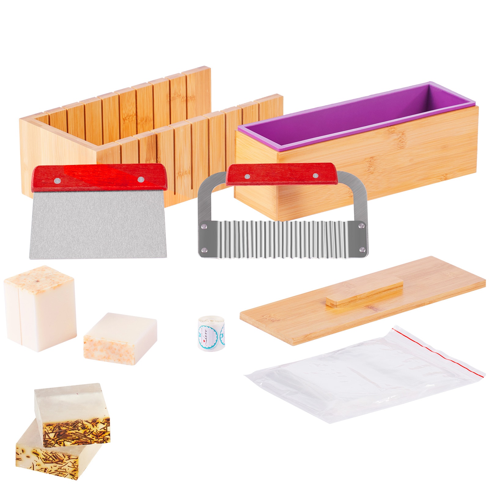 VEVOR SCFZQDSQGMJQ03131V0 Soap Making Kit Bamboo Cutting Box and Inner Box with Silicone Mold Stainless Steel Straight Cutter and Wavy Cutter 100 Bags and 105 Stickers Soap Making Supplies DIY Kits for Adults