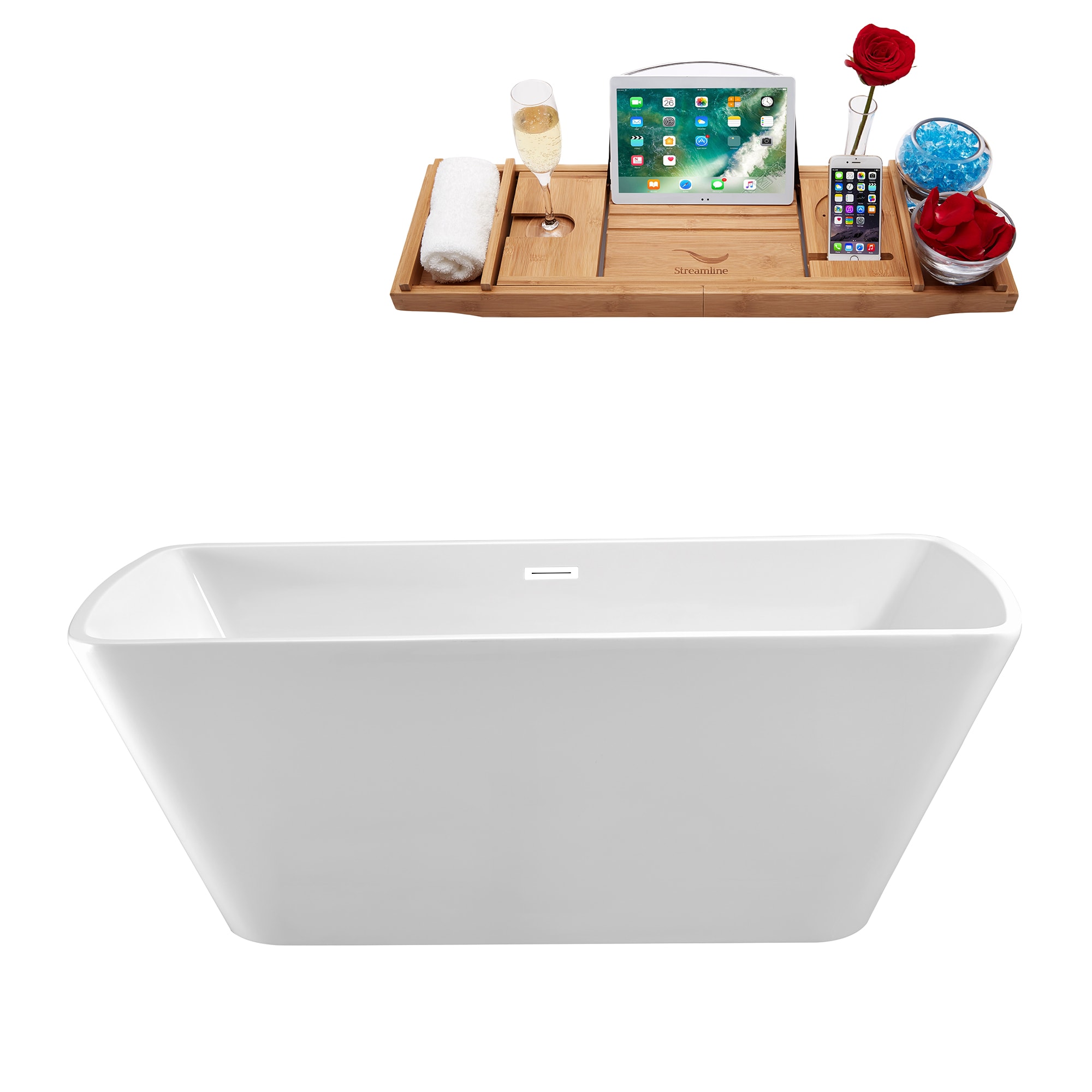 Streamline N681WH 30.7-in x 66.9-in Glossy White Acrylic Rectangular Freestanding Soaking bathtub with Drain ( Center Drain )