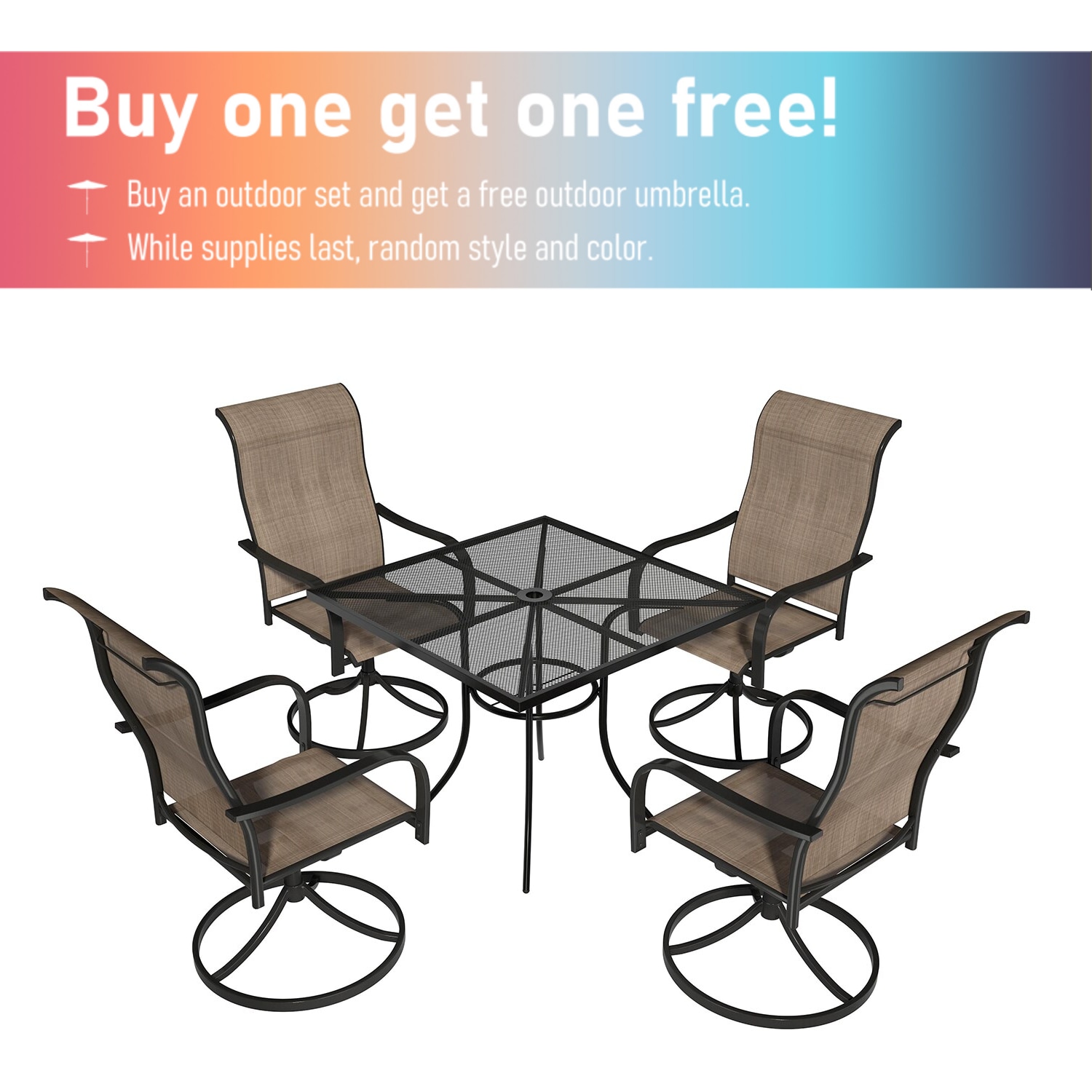 Mondawe MO-7SL4ZY1STBL 5 -Piece Black Patio Dining Set Iron Square Table with 4 Tan Swivel Chairs and Umbrella Included