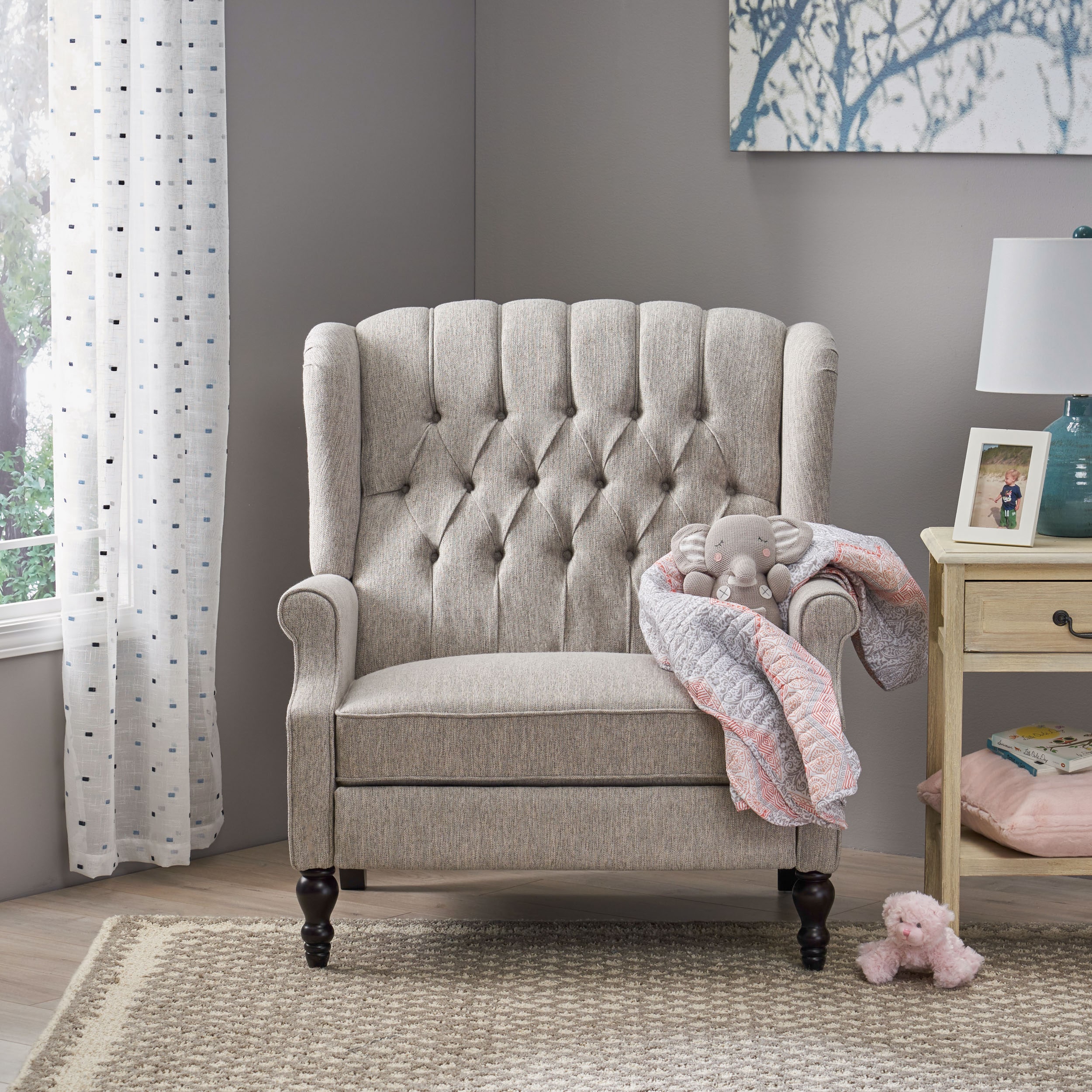 LOVMOR SF-WO-64257.00LGRY Oversized Tufted Wingback Fabric Push Back Recliner Nailhead Trim Button Tufted Diamond Stitch