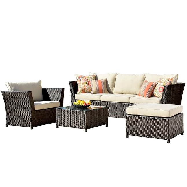 Ovios Rimaru 6 Piece Rattan Patio Conversation Set With Cushions In The Sets Department At Com - Lawn Furniture Cushion Sets