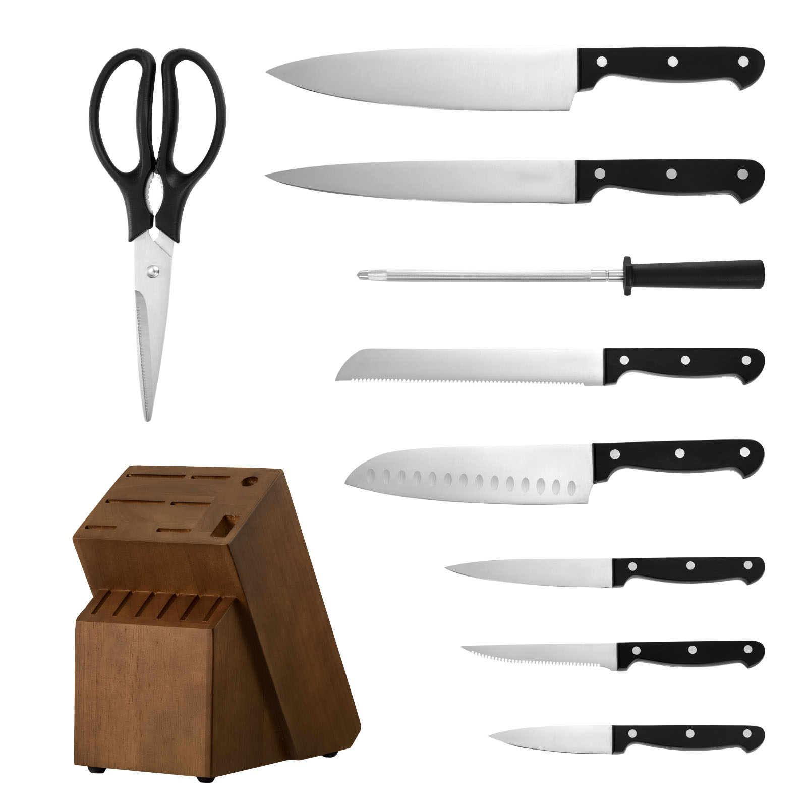 GIVIMO 15-Piece German High-Carbon Steel Kitchen Knife Set with Walnut Block and Sharpener #LW047GIVSS1046