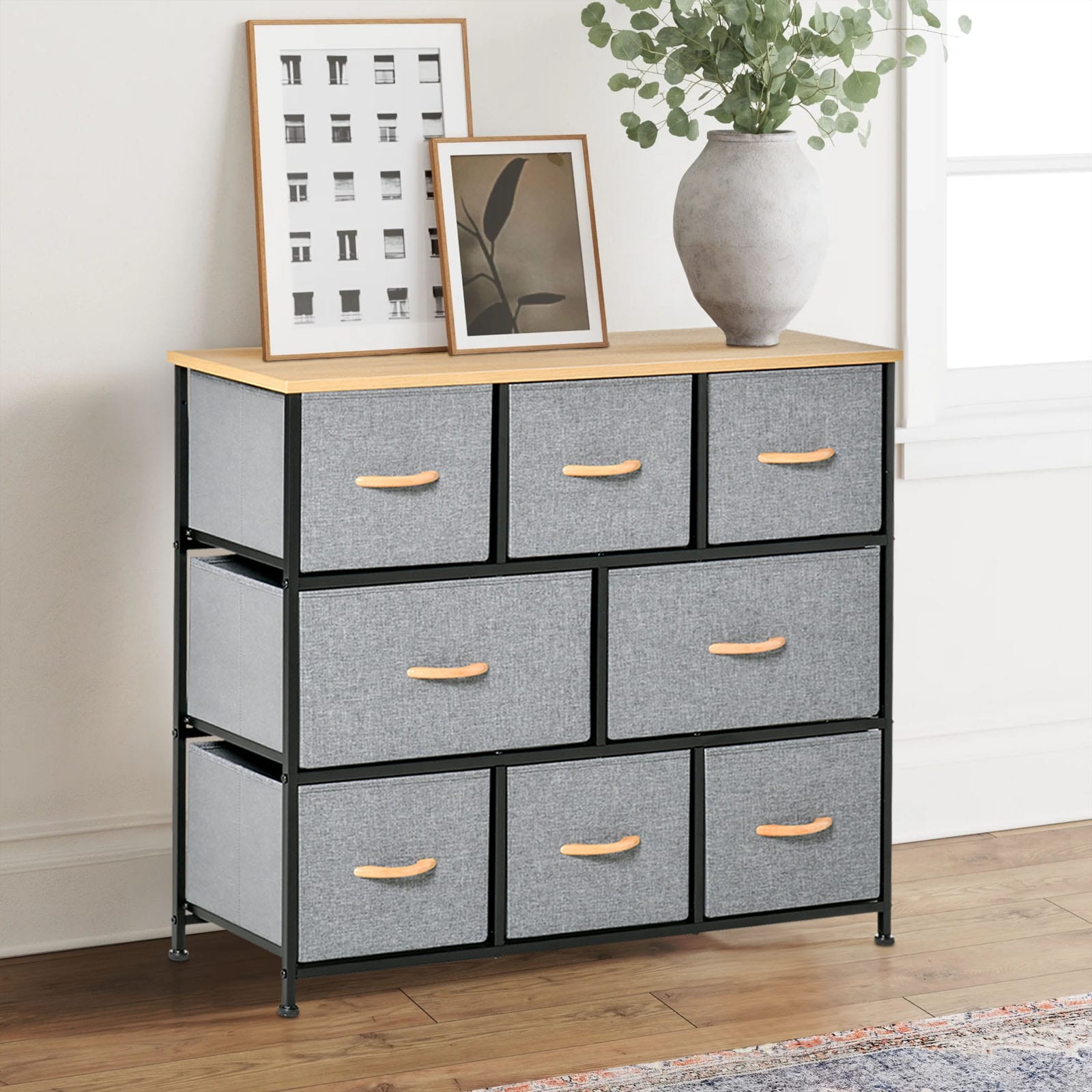 Light Grey 8-Drawer Fabric Storage Chest with Wood Top