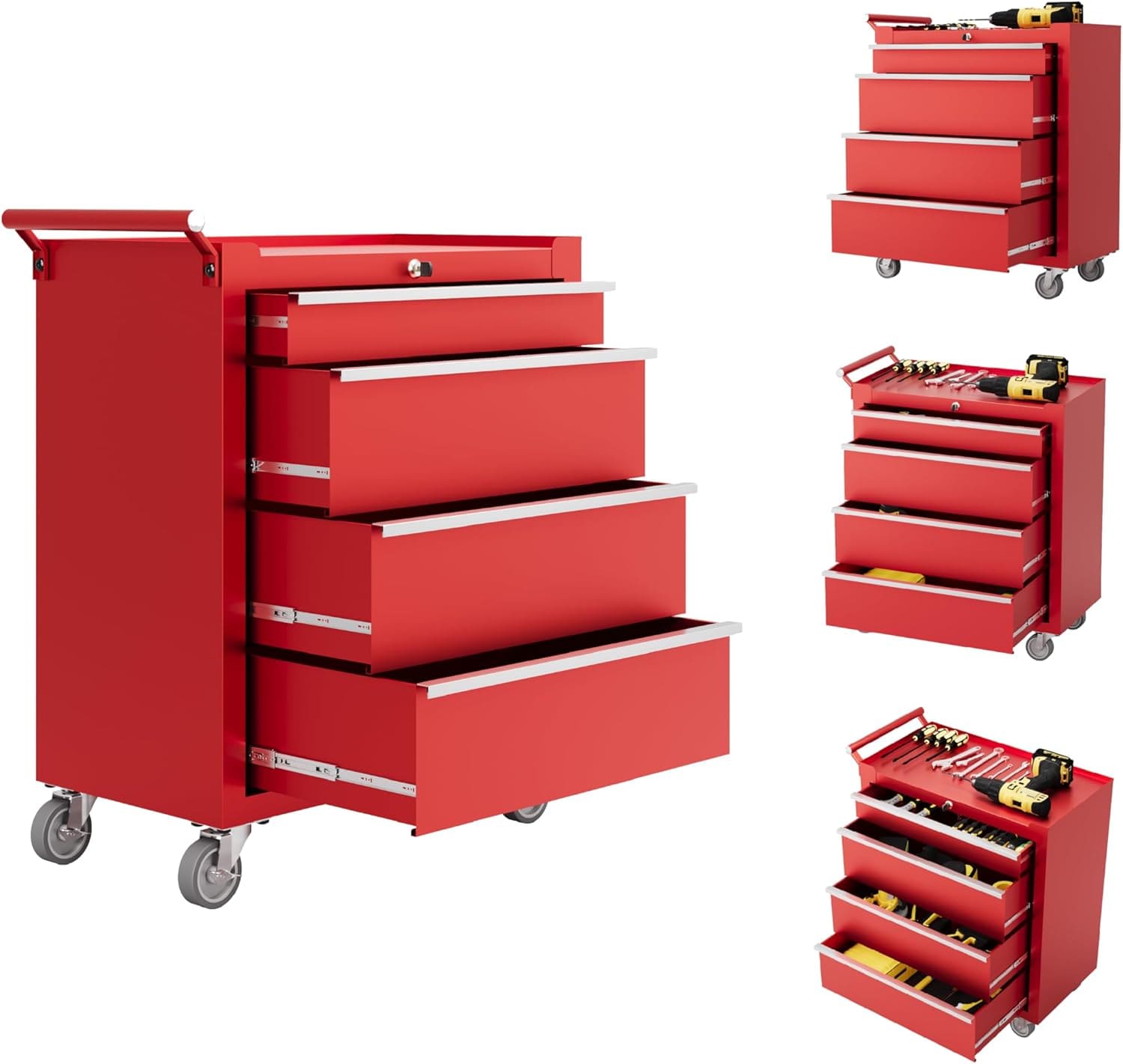 GAOMON Rolling Tool Cabinet with 4 Drawers Mobile Toolbox with Lock and Drawer Liners Durable Garage and Workshop Organizer on Wheels Red #CQC-J8G7VTKR00S