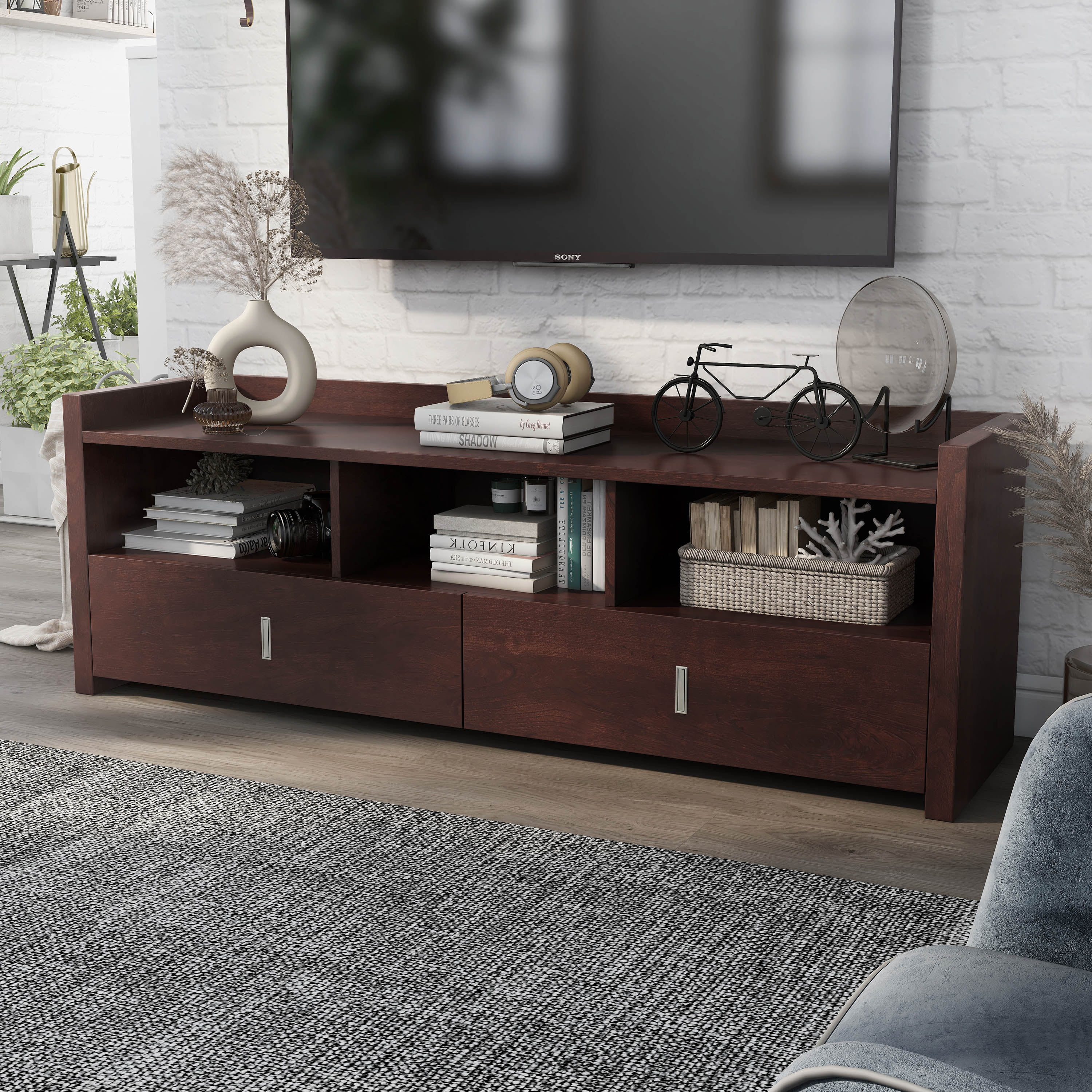 Furniture of America YNJ-1423-6 Madawaska Transitional Vintage walnut TV stand ( Accommodates TVs up to 65-in )