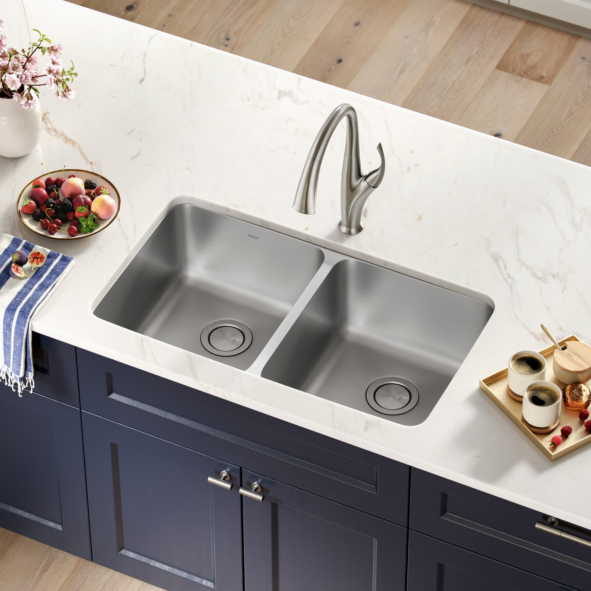 KRAUS 33 Inch Undermount Double Bowl Stainless Steel Kitchen Sink with  Kitchen Bar Faucet and Soap Dispenser - Bed Bath & Beyond - 4389944