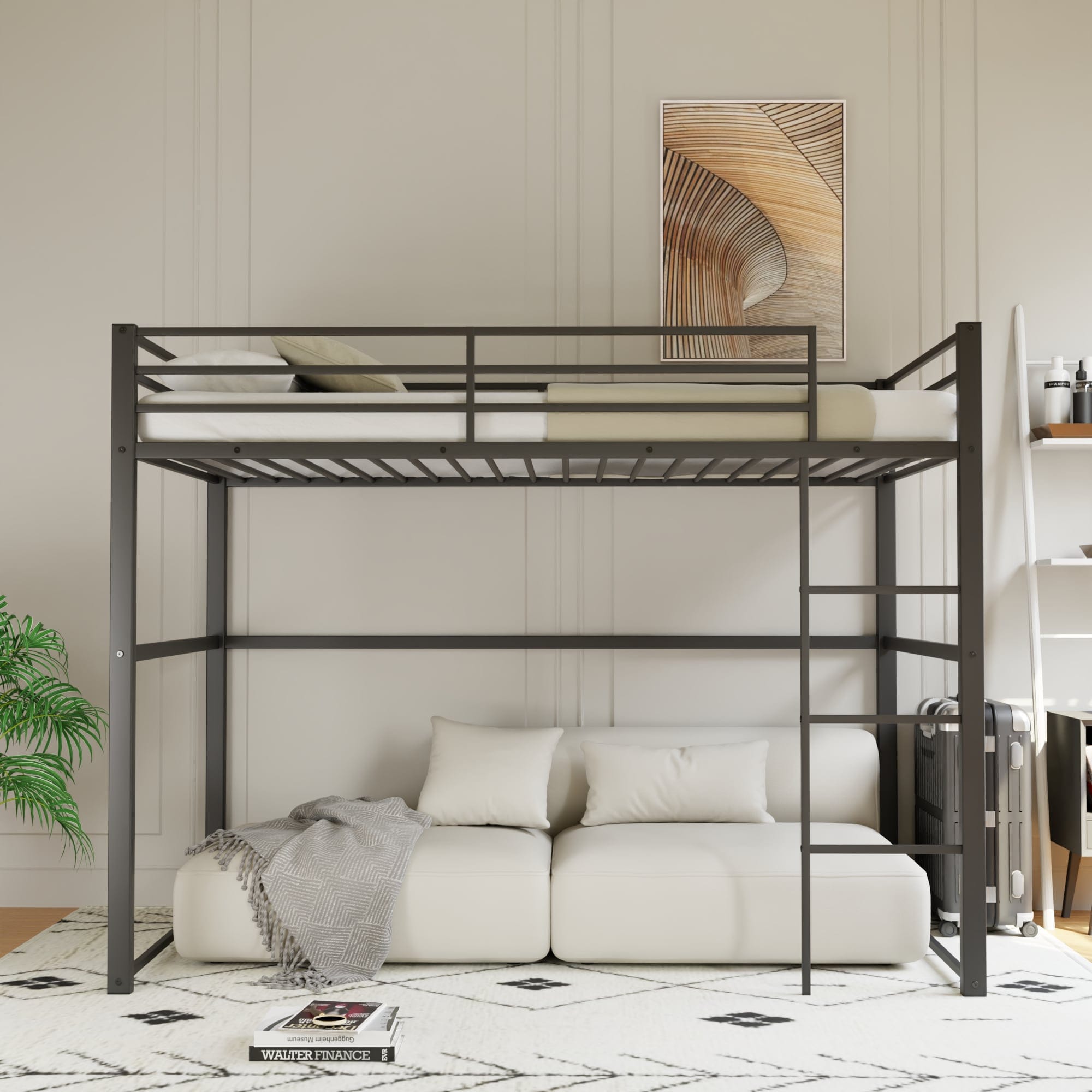 Huluwat Metal Loft Bed Twin Size; Loft Bed Frame with Safety Guard Rails  Flat Ladder; Twin Loft Bed for Kids Teens Adults; Black
