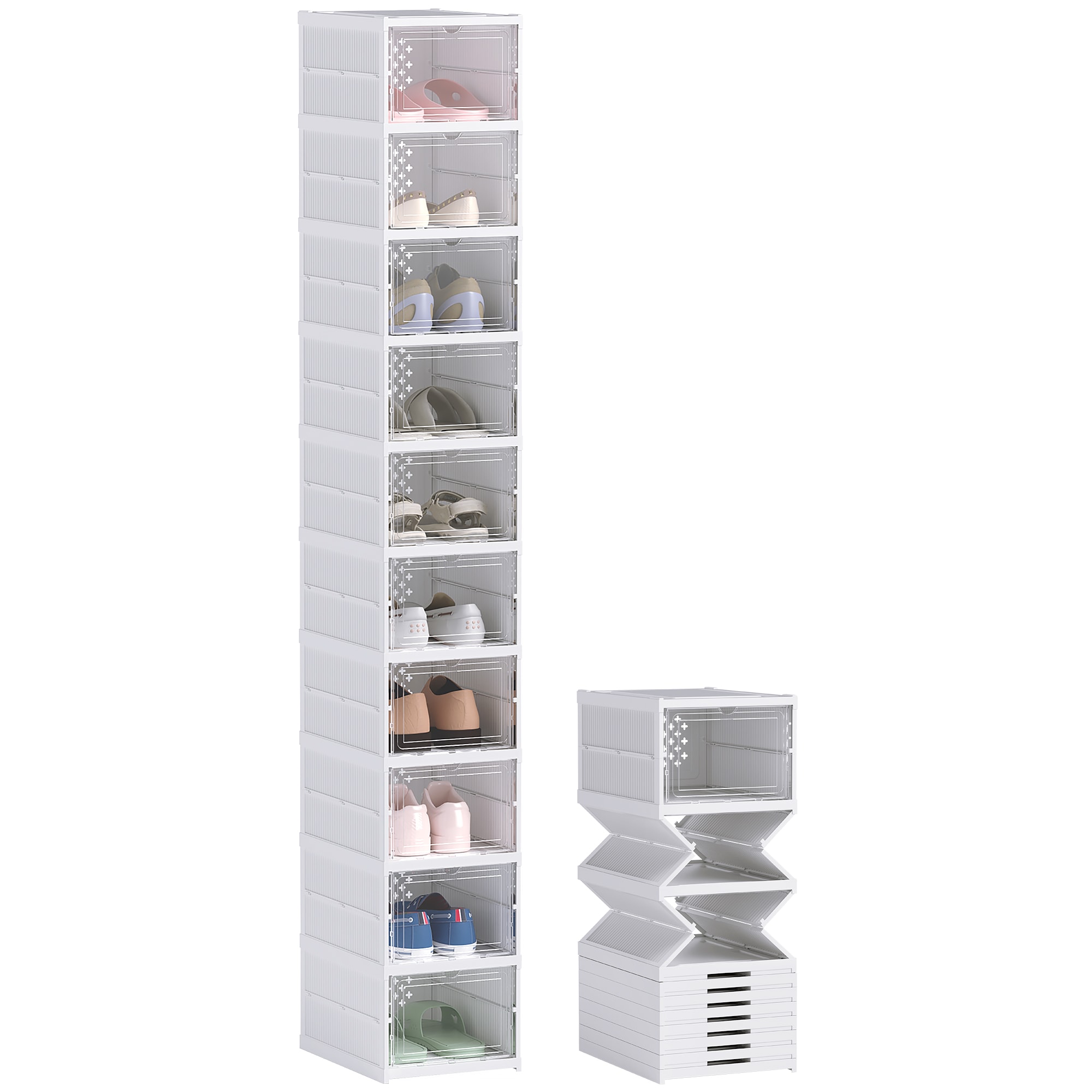HomCom 837-570V01WT 10 Pack Foldable Shoe Organizer Plastic No Assembly Stackable Shoe Storage Box with Clear Door Space Saving Fit up to US Size 10 White