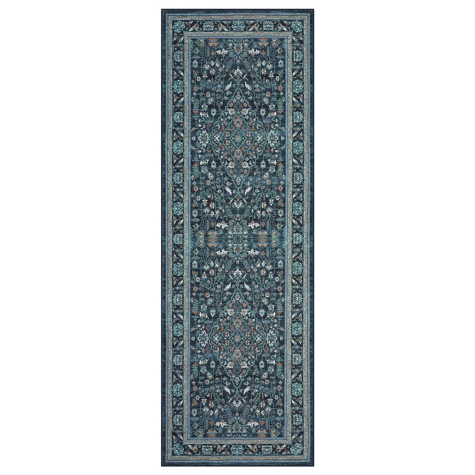 WhizMax SUNNY-PHK-33SGLBEA 2 x 6 ft Polyester Blue Rectangular Hallway Entryway Bathroom Kitchen Floral Print Vintage Machine Washable Runner Rug