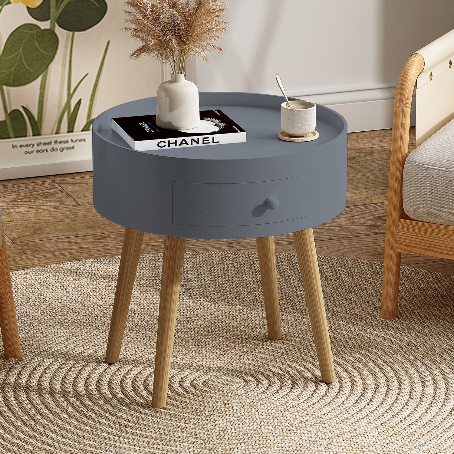 GZMR GZ-W21574 18"H Nightstand with Storage Drawer Oak Legs Bedside Table Gray Oak MDF Modern Coffee Table with Storage