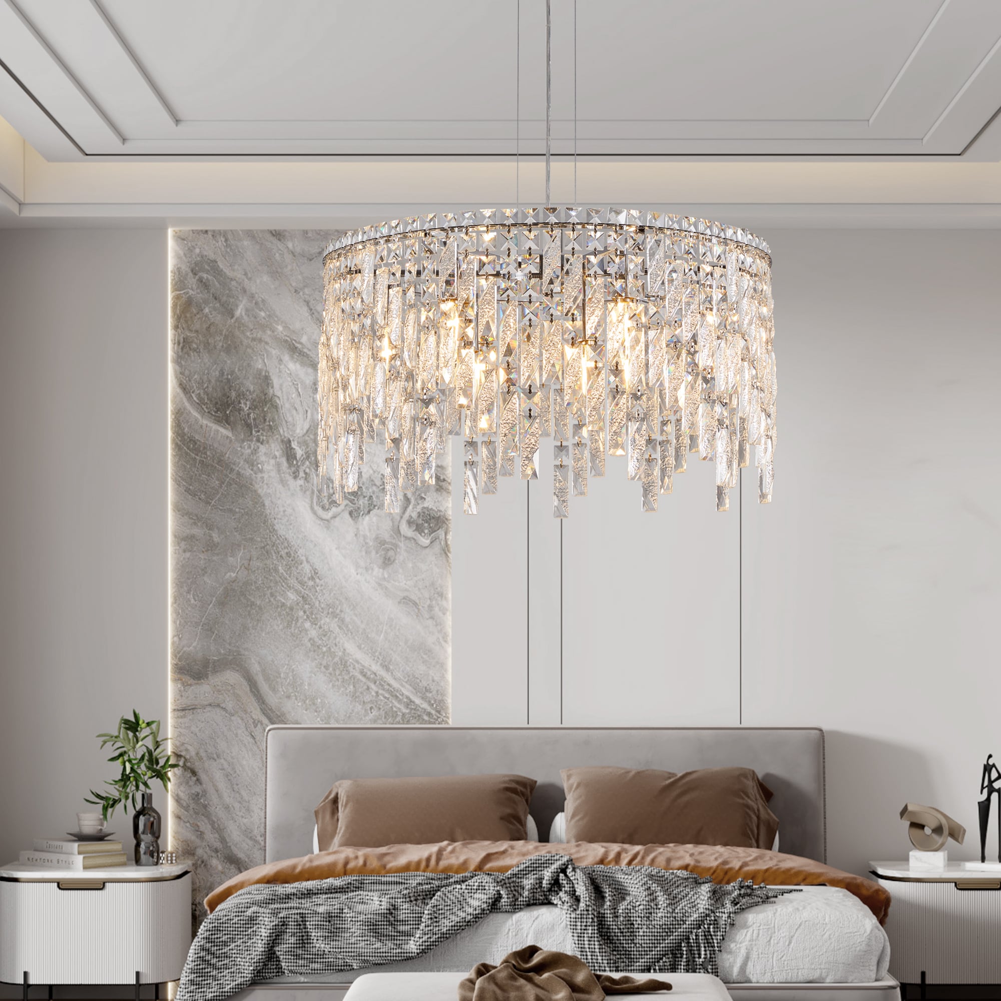 Tenleaf 24in  Adjustable Height Luxurious Round Silver Crystal Chandelier Contemporary Rectangular Pendant Light for Dining Room Living Room and Grand Foyers (Bulbs Not Included)