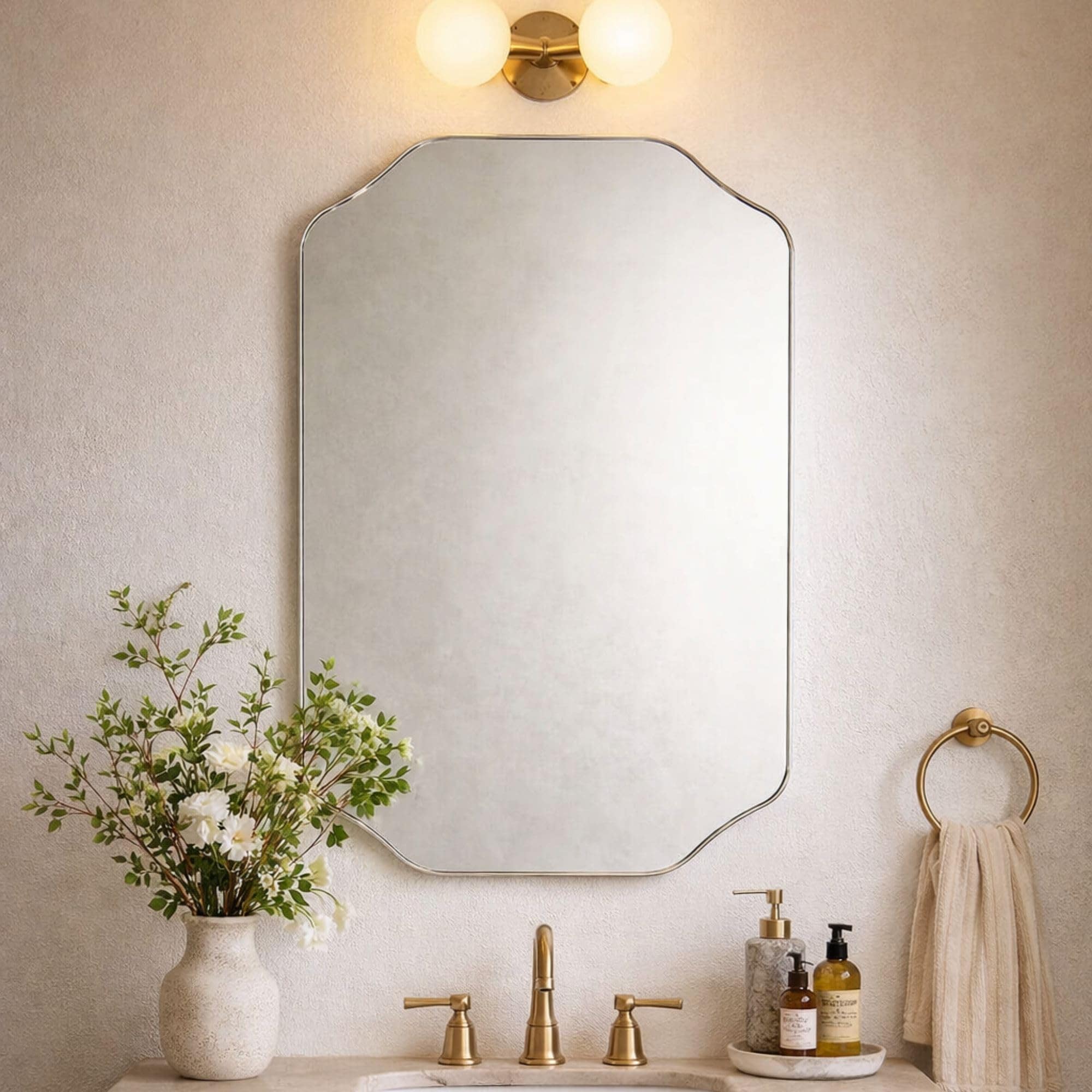 TEHOME 20 in W x 30 in H Scalloped Metal Framed Wall Mounted Bathroom Vanity Mirror in Brushed Gold #GC-JL0156
