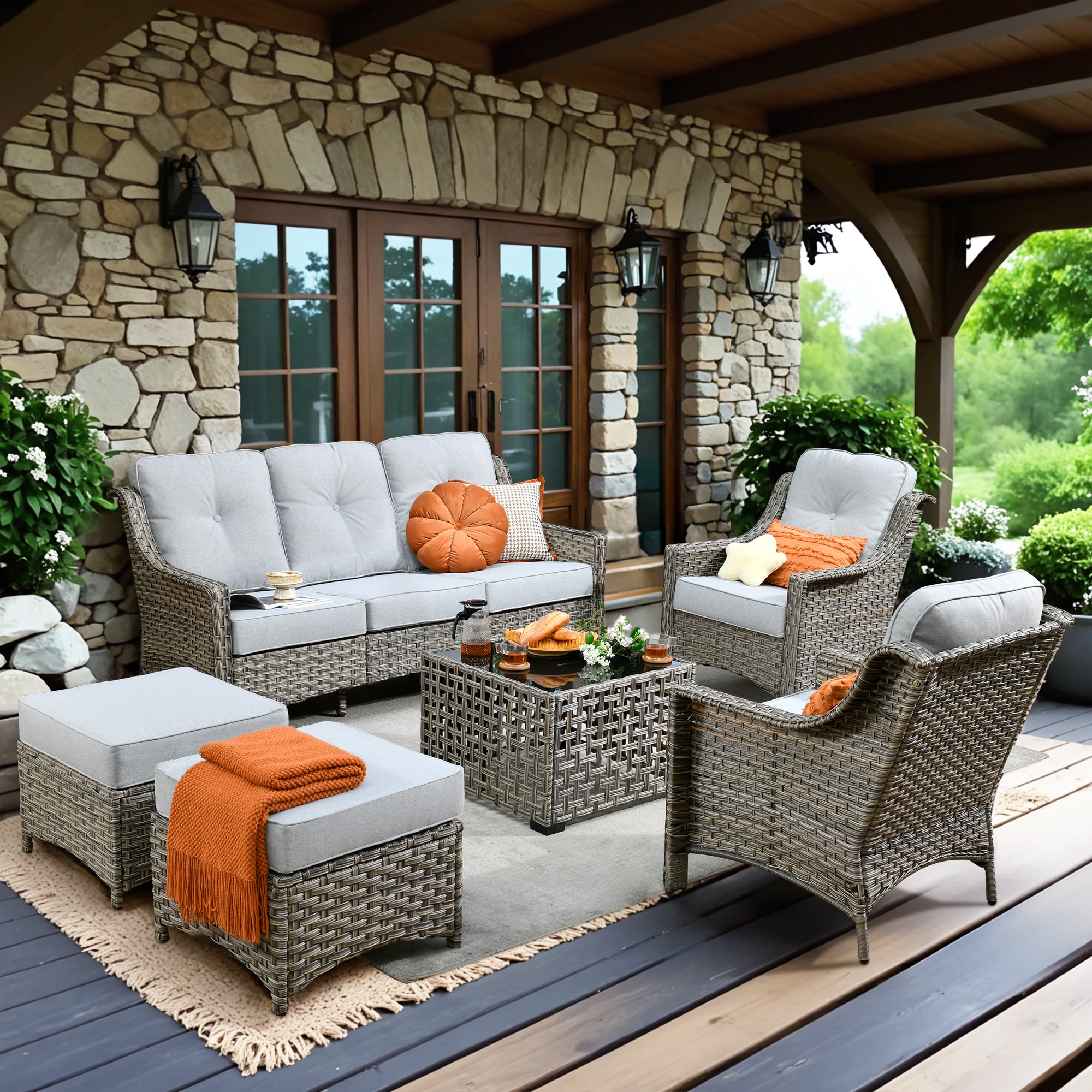 XIZZI XIPAD40064-T Pyrophyllite 6 -Piece Rattan Patio Sofa Conversation Set with Gray Cushions