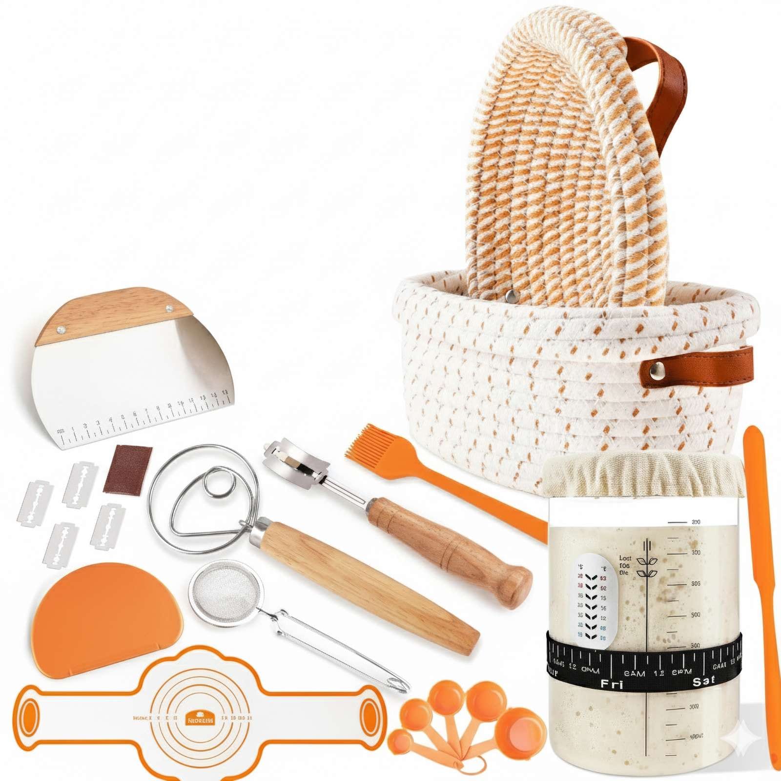 Etokfoks  Sourdough Starter Kit with Woven Bread Proofing Basket Sour Dough Tools Set Includes Jar Spatula Whisk Lame Scraper Duster Sling Brush Measuring Cup