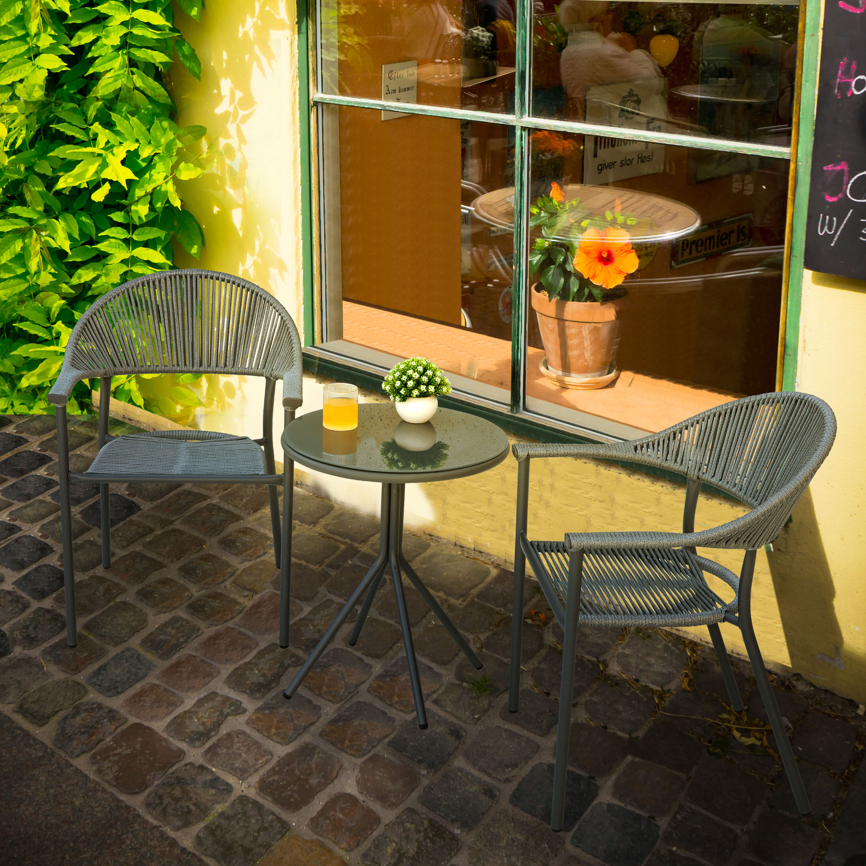 Nuu Garden SWD006-01 3 -Piece Dark gray Bistro Patio Dining Set Iron Round Table with 2 Stationary Chairs