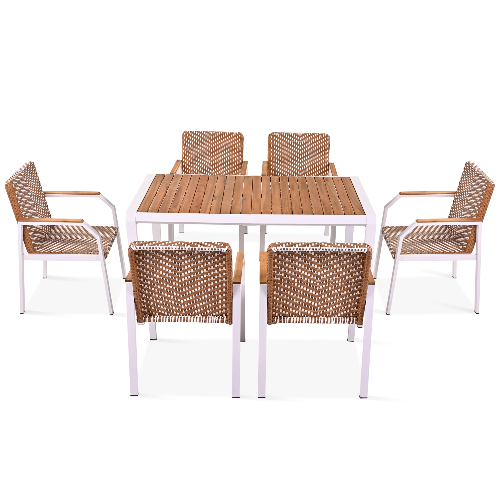 Nestfair FEGO201242A 7 -Piece Brown Wicker Patio Dining Set Wood Rectangle Table with 6 Cushions Stationary Chairs
