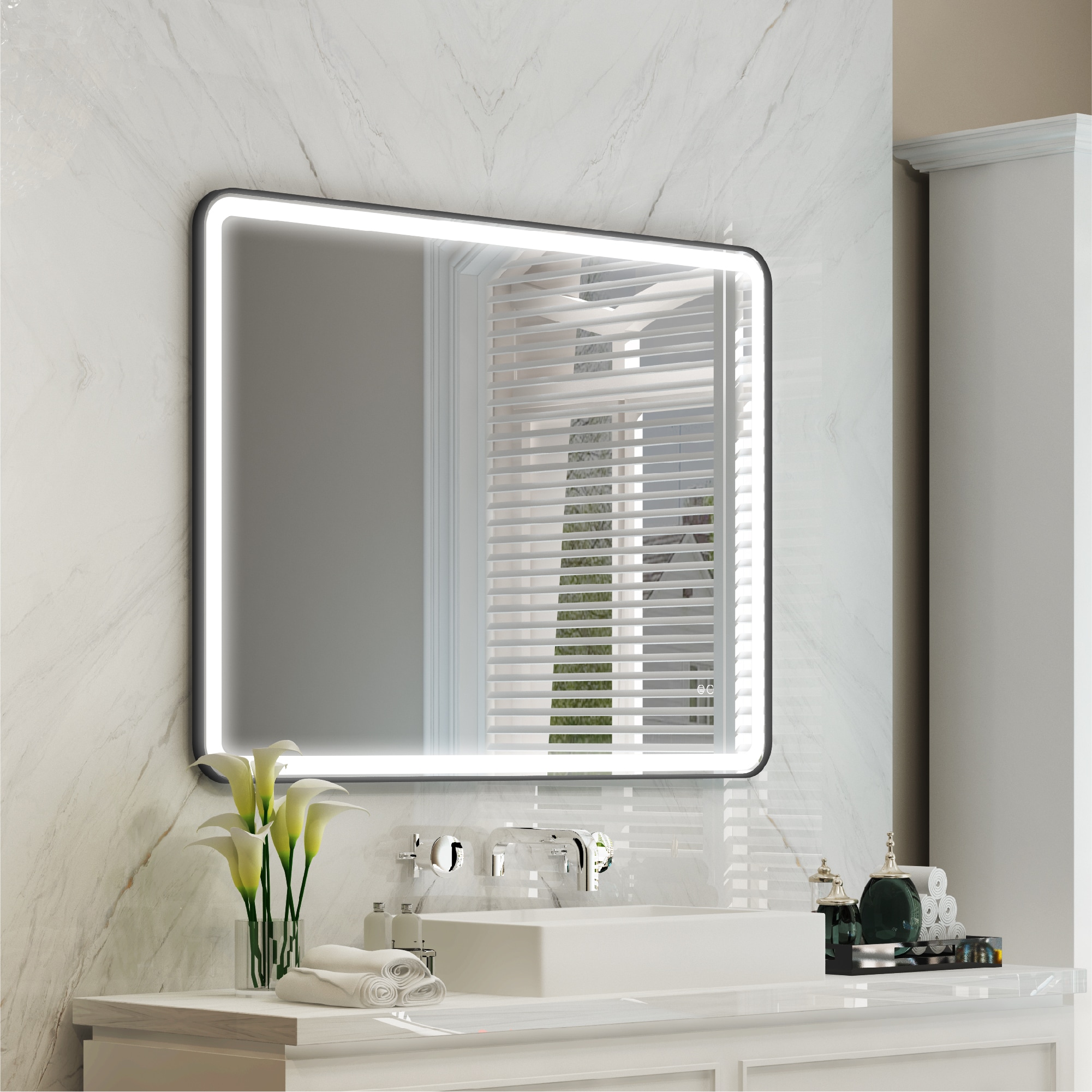 Forclover ALF-9W4836BK 48-in x 36-in Framed Rectangle Dimmable Lighted Fog Free Bathroom Vanity Mirror ( Black Framed )