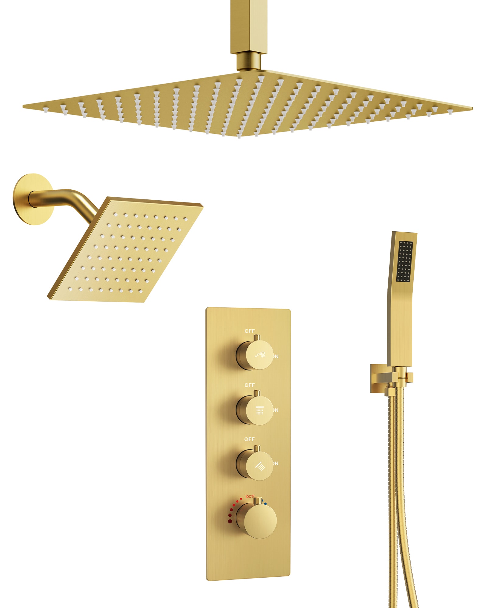YAWWALK  7 Mode Rain Shower 16 in and 6 in Ceiling Mounted with Handheld Thermostatic Valve Brushed Gold