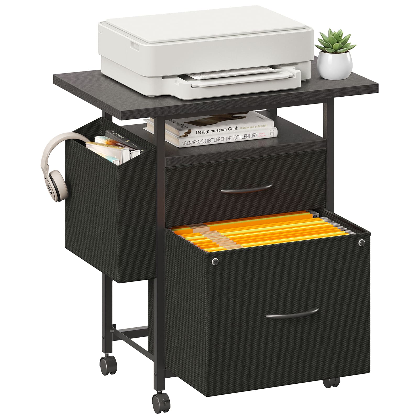 Sweetcrispy - 24-in W Black Rolling File Cabinet Printer Stand with 2 Drawers and Side Bag for Ho...