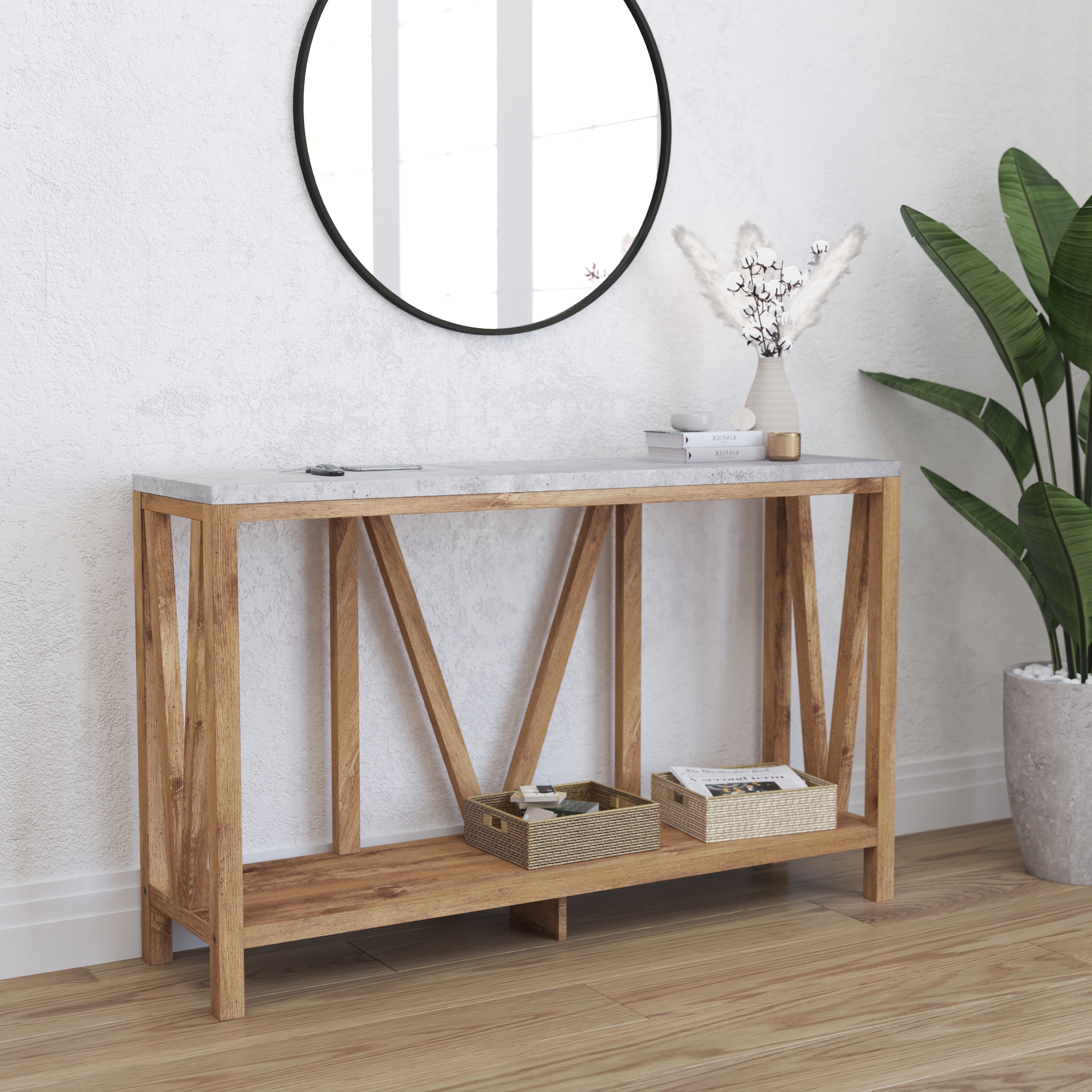 Merrick Lane - Erikson Modern Farmhouse Engineered Wood Sofa Table with Wood Bracing and Lower Sh...
