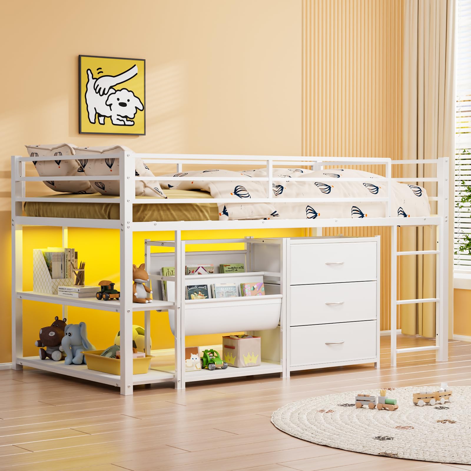 JOYMOR Twin Size Low Loft Bed  with 3 Storage Drawers 2 Tier Storage Shelves 2 Tier Bookcase and LED Lights Safety Guardrail White