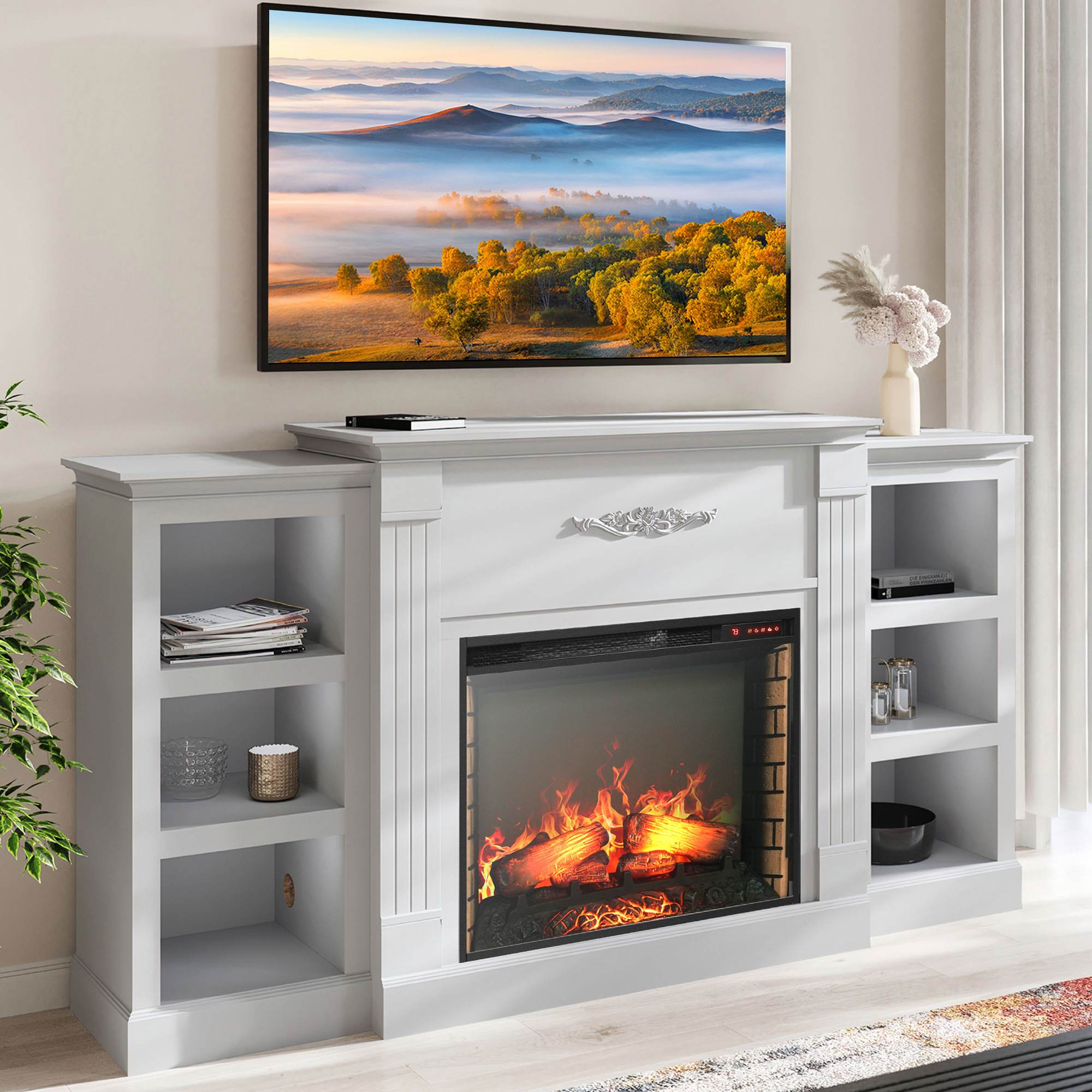 Belleze  Electric Faux Fireplace TV Stand Mantel Heater Entertainment Center with Built In Bookshelves White