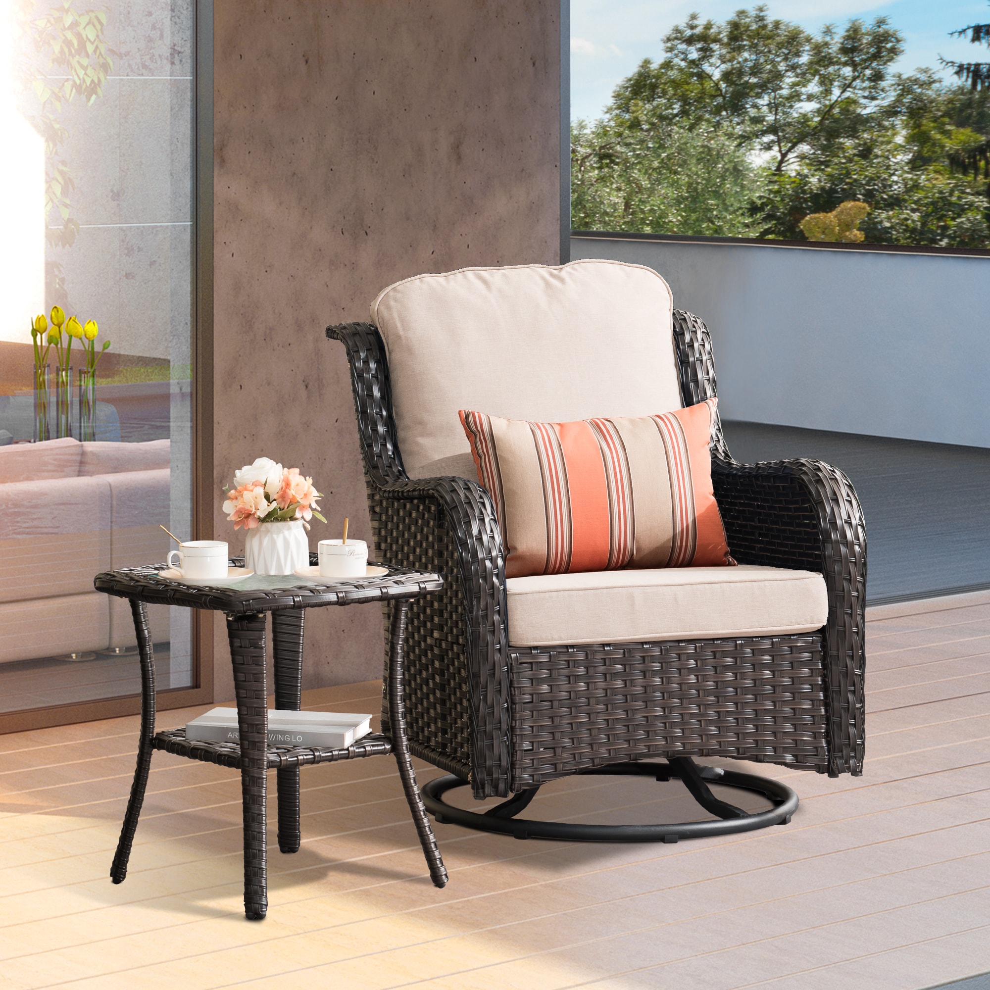 XIZZI XIMW901-1RC Vesta Wicker Brown PE rattan with Beige Cushion Metal Frame Swivel Rocking Chair with Off-white Cushioned Seat