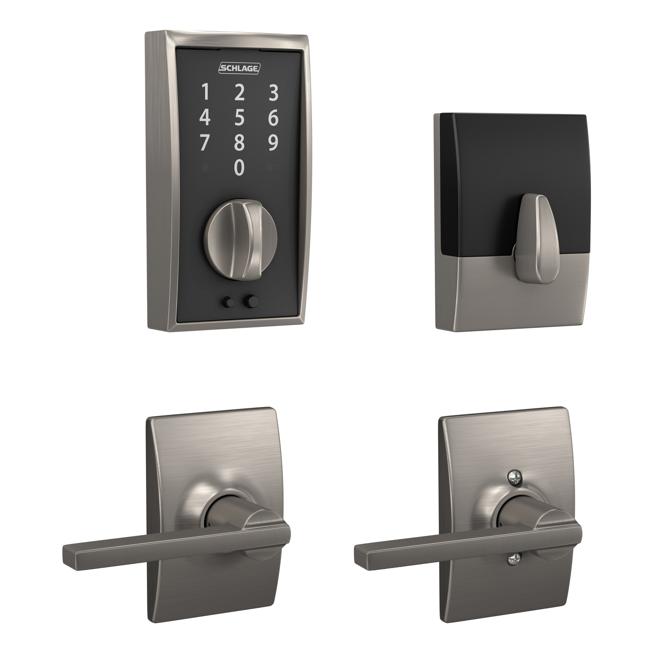 Schlage FBE375 V CEN 619 LAT Touch Century Satin Nickel Electronic Deadbolt and Handleset Touchscreen Keypad