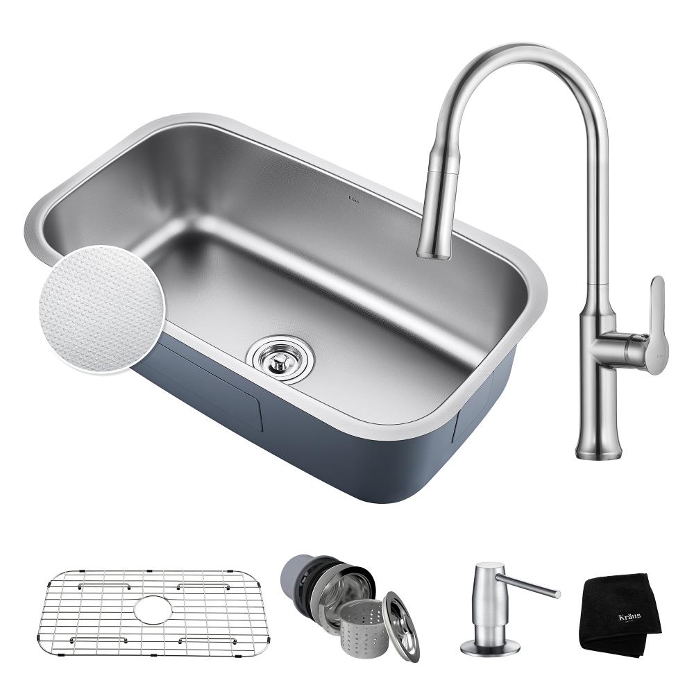 Kraus KBU14E-1630-42CH Outlast Undermount 31.5-in x 18.38-in Embossed Stainless Steel Single Bowl Kitchen Sink All-in-one Kit