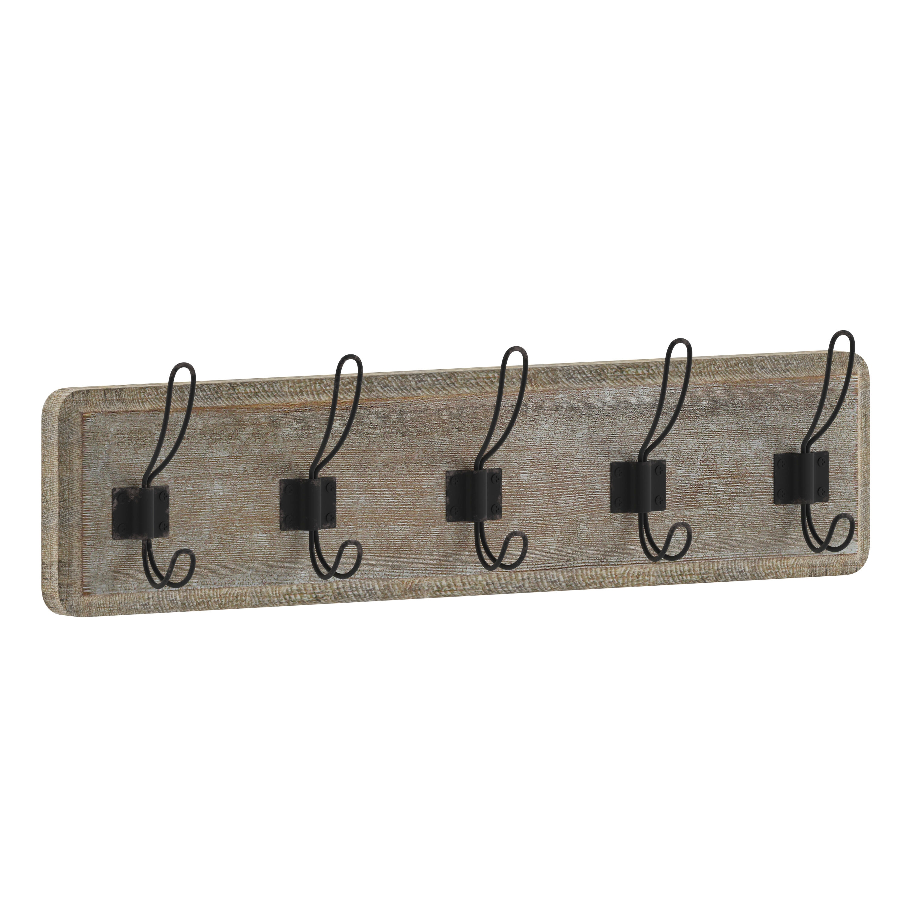 Flash Furniture Daly Wall Mounted 24 inch Weathered Solid Pine Wood Storage Rack with 5 Hooks for Entryway - Kitchen - Bathroom