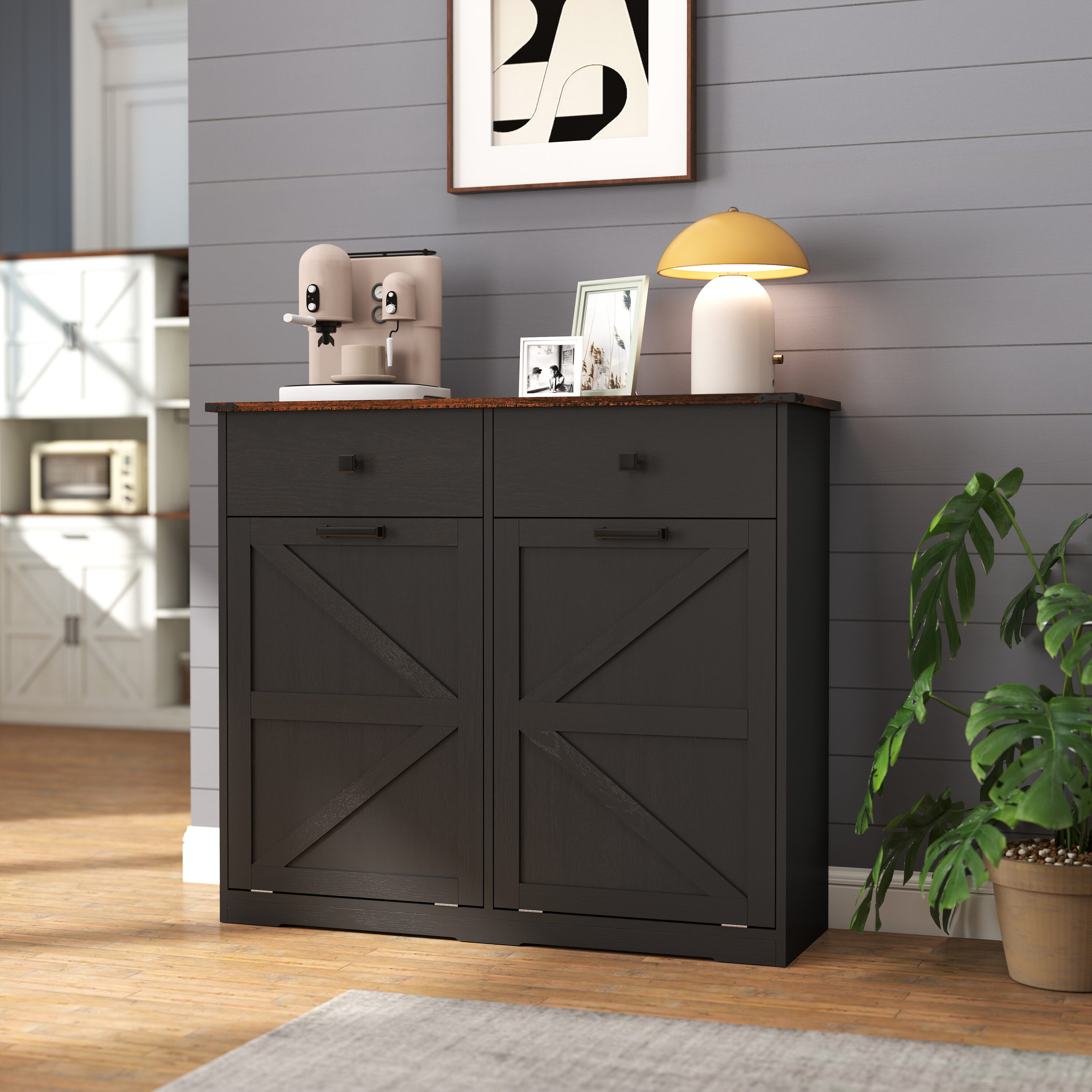 KWPZQEB 39.25-in W x 34.43-in H x 13-in D Tilt Out Trash Cabinet for 20 Gallon Trash Cans Recycling Cabinet with Drawer Laundry Sorter Cabinet for Bathrooms Kitchen -Antique Black #2557P324524
