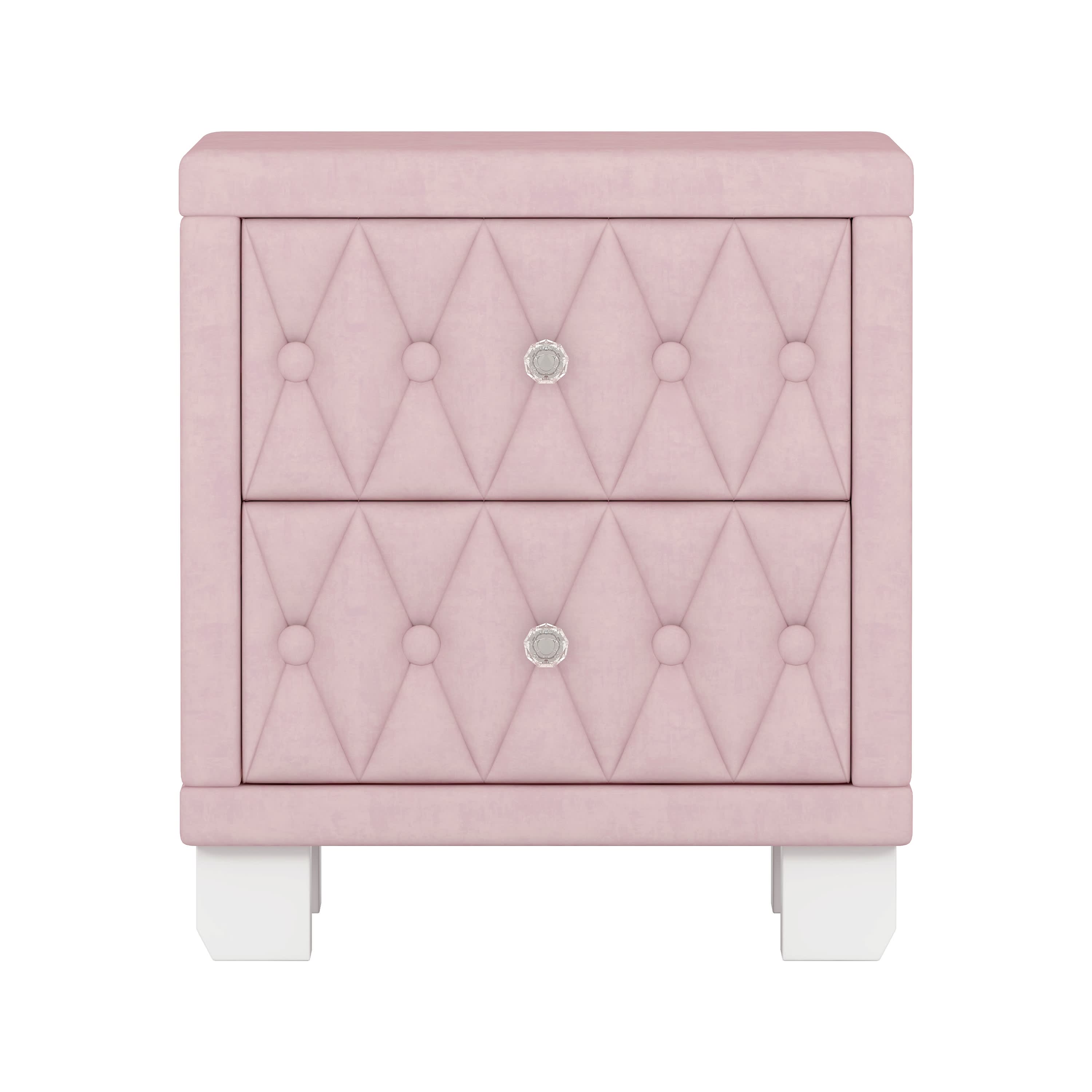 Vynxaria LEXY0572-DJBF-CTG065 Pink Velvet Nightstand with 2 Drawers and Crystal Handles Bedside Table Bedroom Side Table