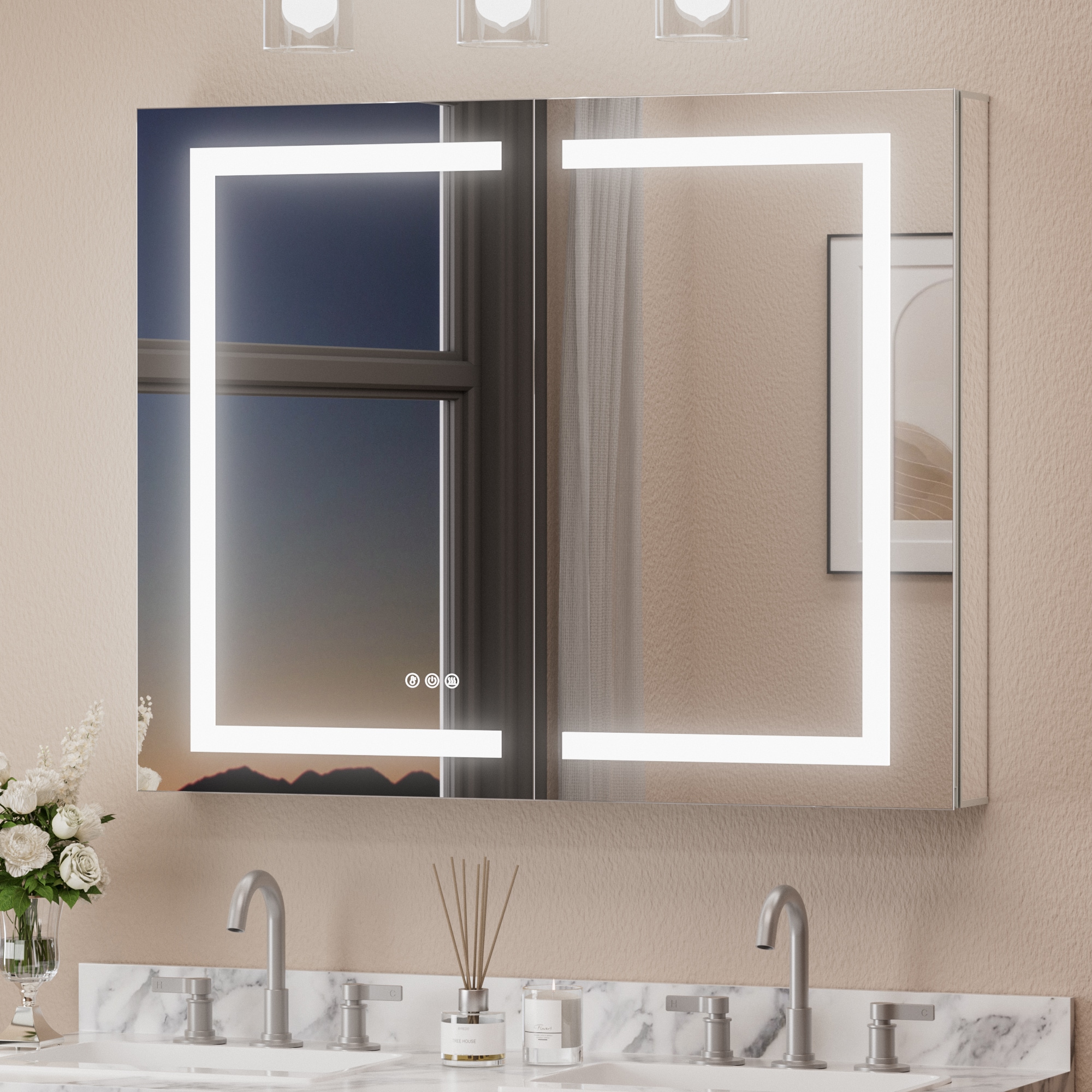 Keonjinn LW-JG-ZG-10181 40-in x 32-in Lighted LED Fog Free Surface/Recessed Mount Silver Mirrored Rectangle Soft Close Medicine Cabinet with Outlet