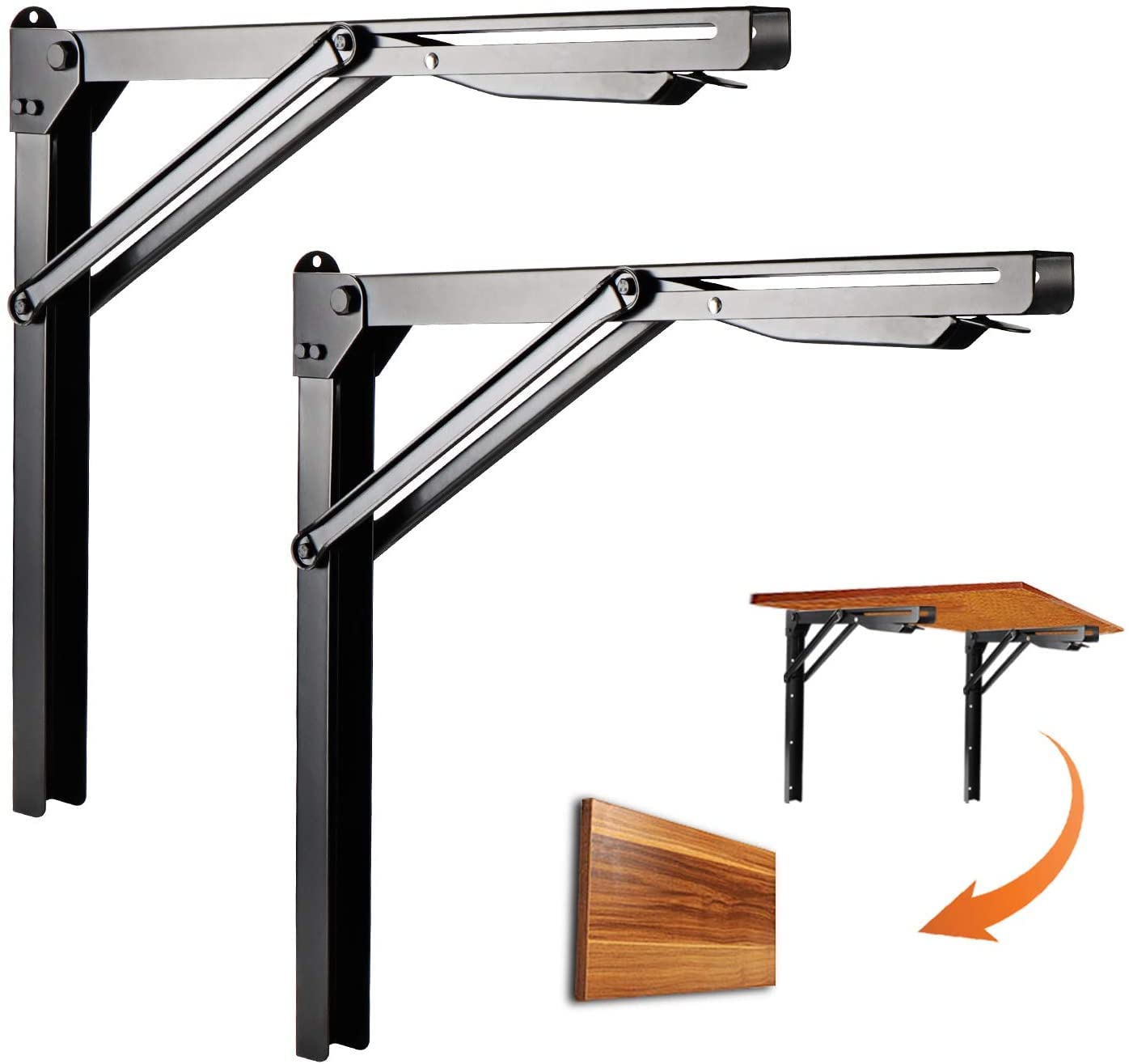Anqtovp  24 inch Black Folding Shelf Brackets Heavy Duty Adjustable Steel Wall Mounted Collapsible Shelf Bracket Max Load 550 lb 2 Pairs for