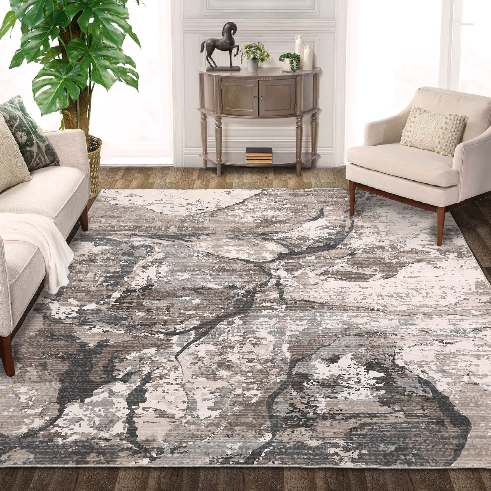 Garvee YXY-LO-PHO-15DXCXWR 5 x 7 (ft) Loomed Polyester Brown Rectangular Indoor Abstract Mid-Century Modern Machine washable Area rug