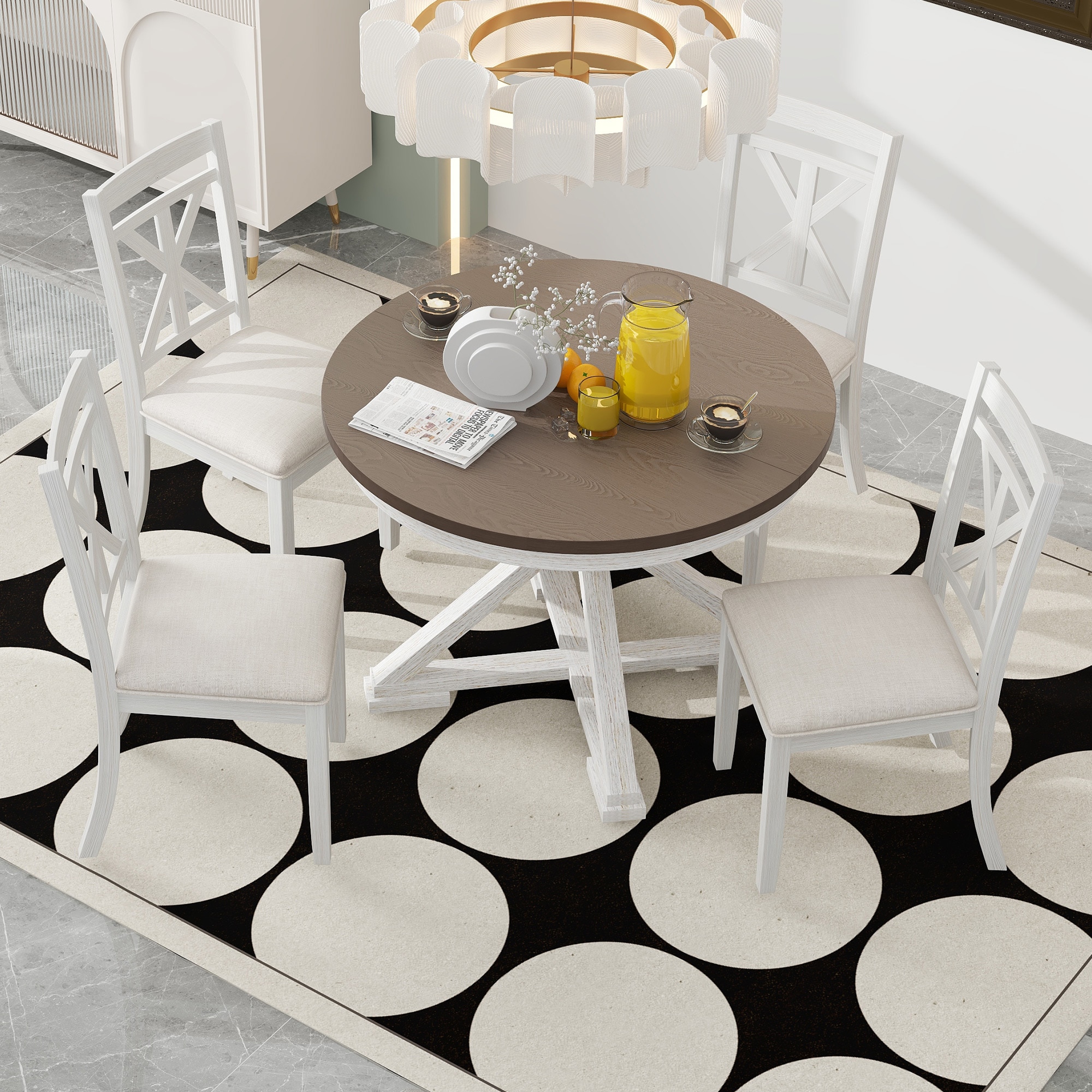 Qualler TRAPR0101D Brown + Antique White Contemporary/Modern Dining Room Set with Round Table ( Seats 4 )