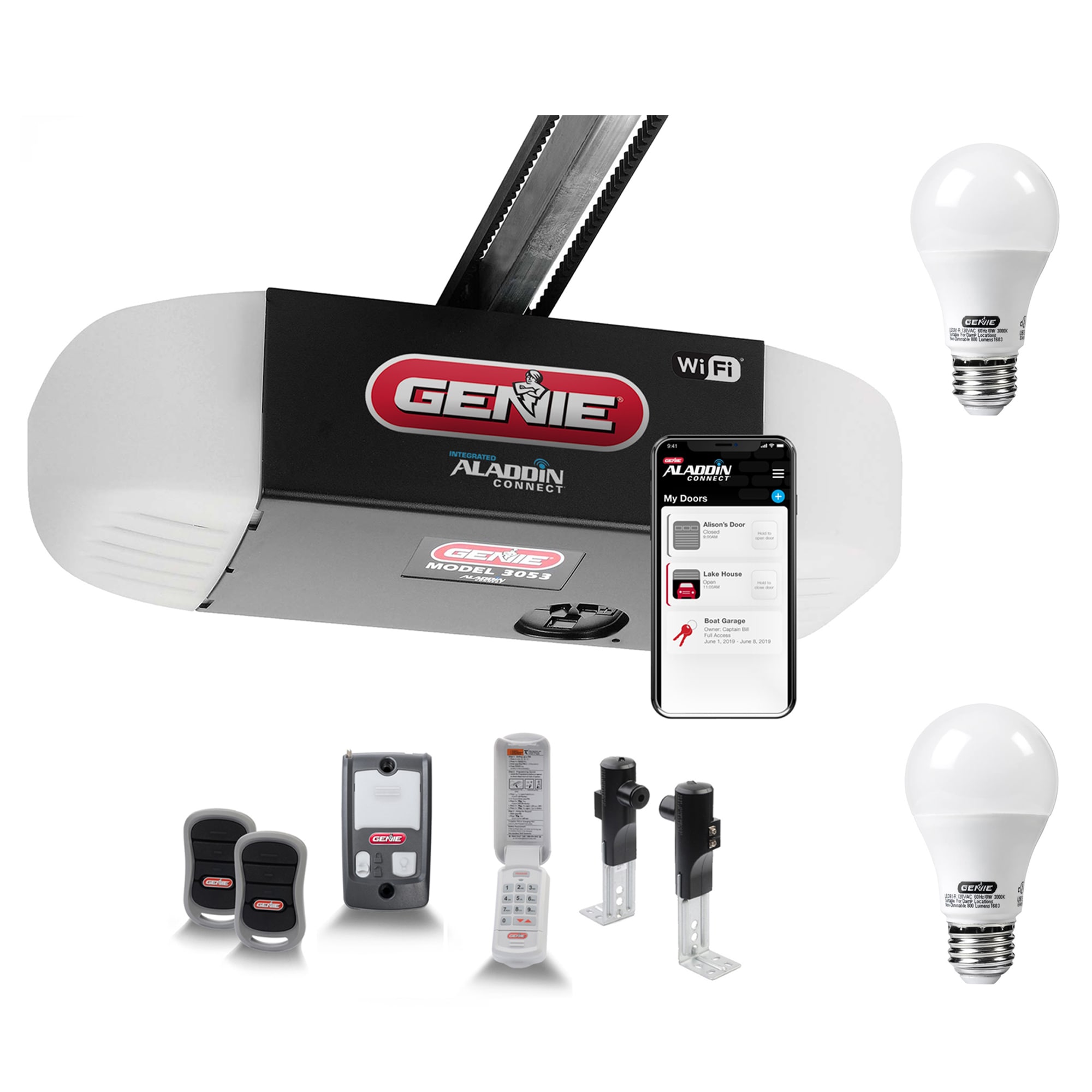 Genie 3/4 HPc Belt Drive Wi-Fi Connect Smart Garage Door Opener and Keypad with 2 Universal Light Bulbs