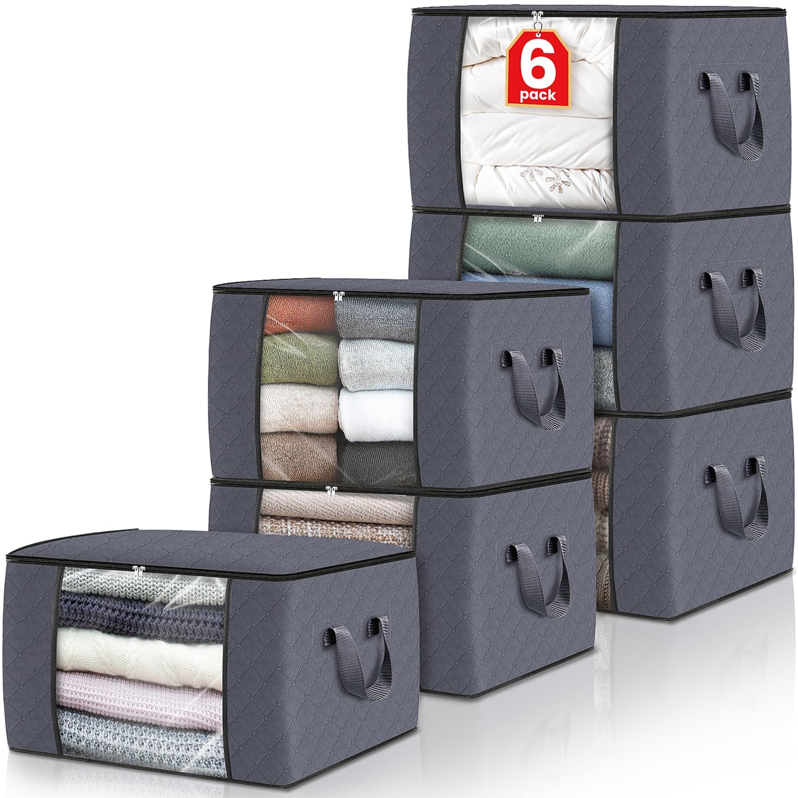 Etokfoks  6 Pack 60L Clothes Storage Bags 21 65 x 13 78 x 12 40 in Gray Breathable Non Woven Foldable Totes with Reinforced Handles and Front