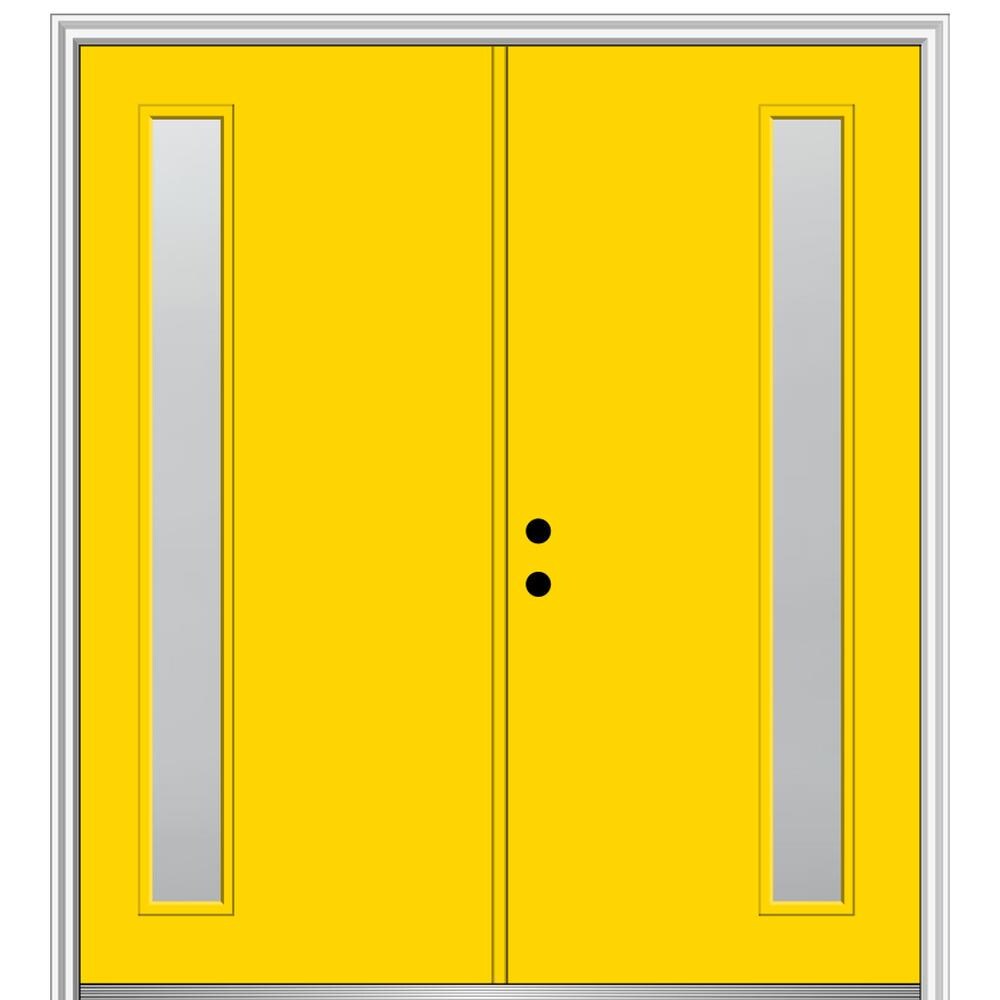 MMI DOOR ZZ349945R Spotlights 72-in x 80-in x 6-9/16-in Fiberglass Pulse lite Right-hand inswing Yellow Flash Painted Prehung Double Front Door with Brickmould Insulating core