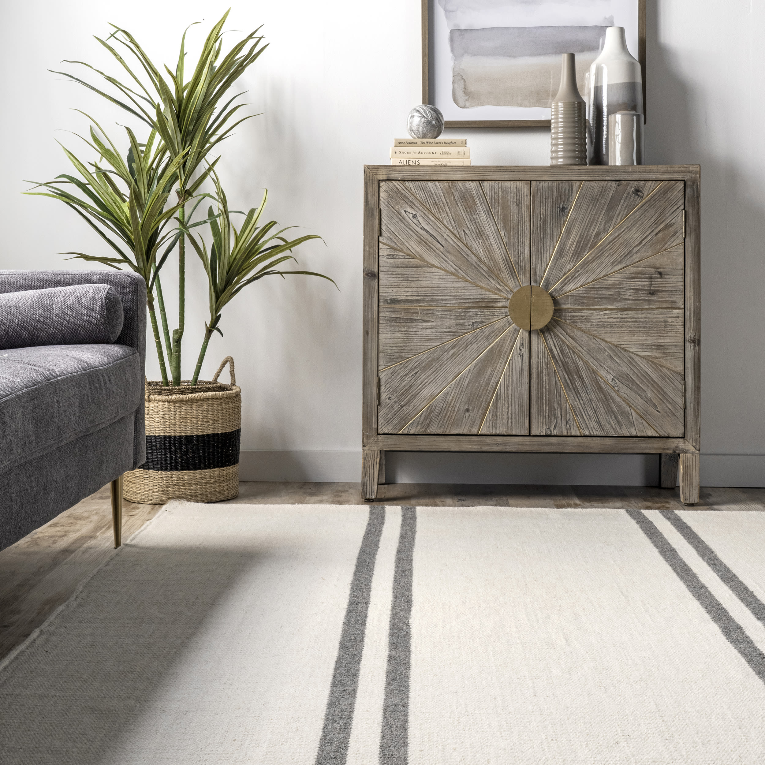 Ivory and Gray Striped Wool 4' x 6' Flat Woven Rug