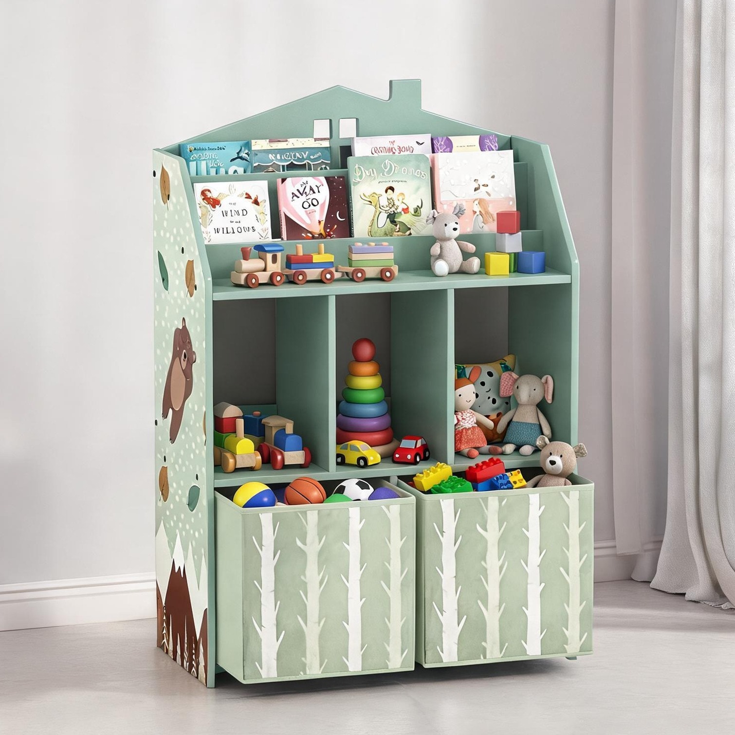 sunjurt Green 9.7 x 4.7 x 14.2 in Bookcase with Storage Drawers and Shelving Green MDF