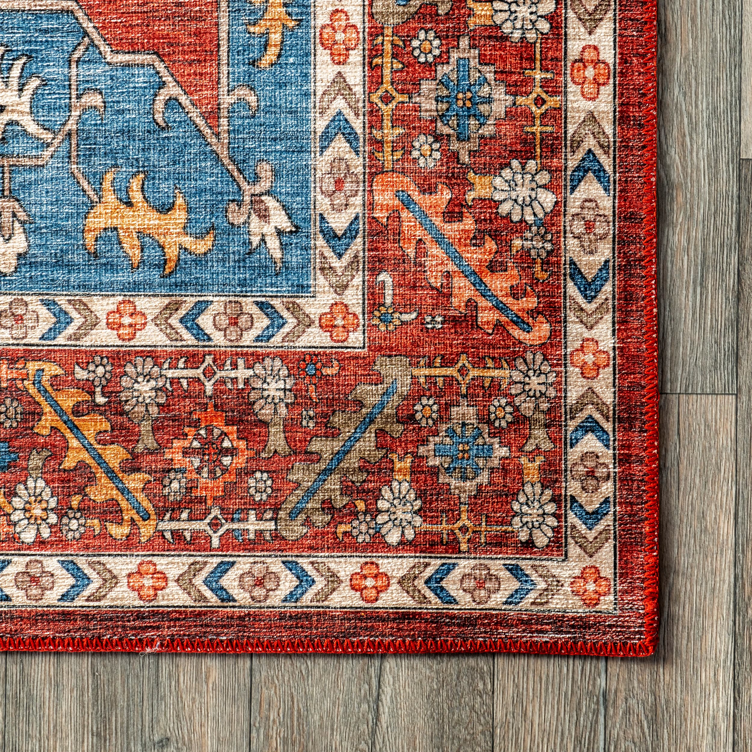 Hera Blue and Red Medallion Washable Synthetic Area Rug