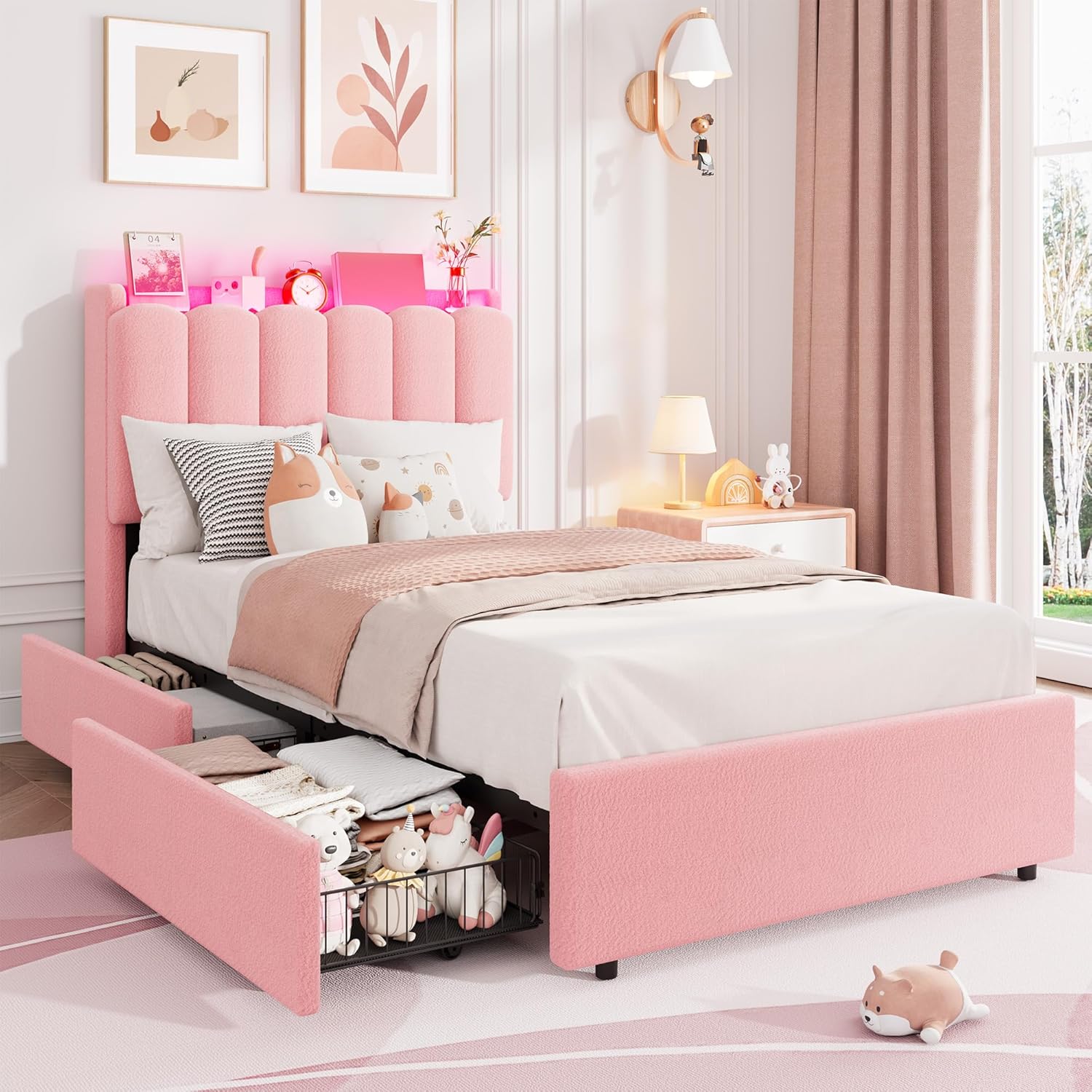 Garvee LED Twin Size Bed Frame with Storage Headboard Kids Bed Frame with 2 Drawers Boucle Upholstered Platform Bed for Girls Chic Wavy Headboard with Bookcase No Box Spring Needed Pink