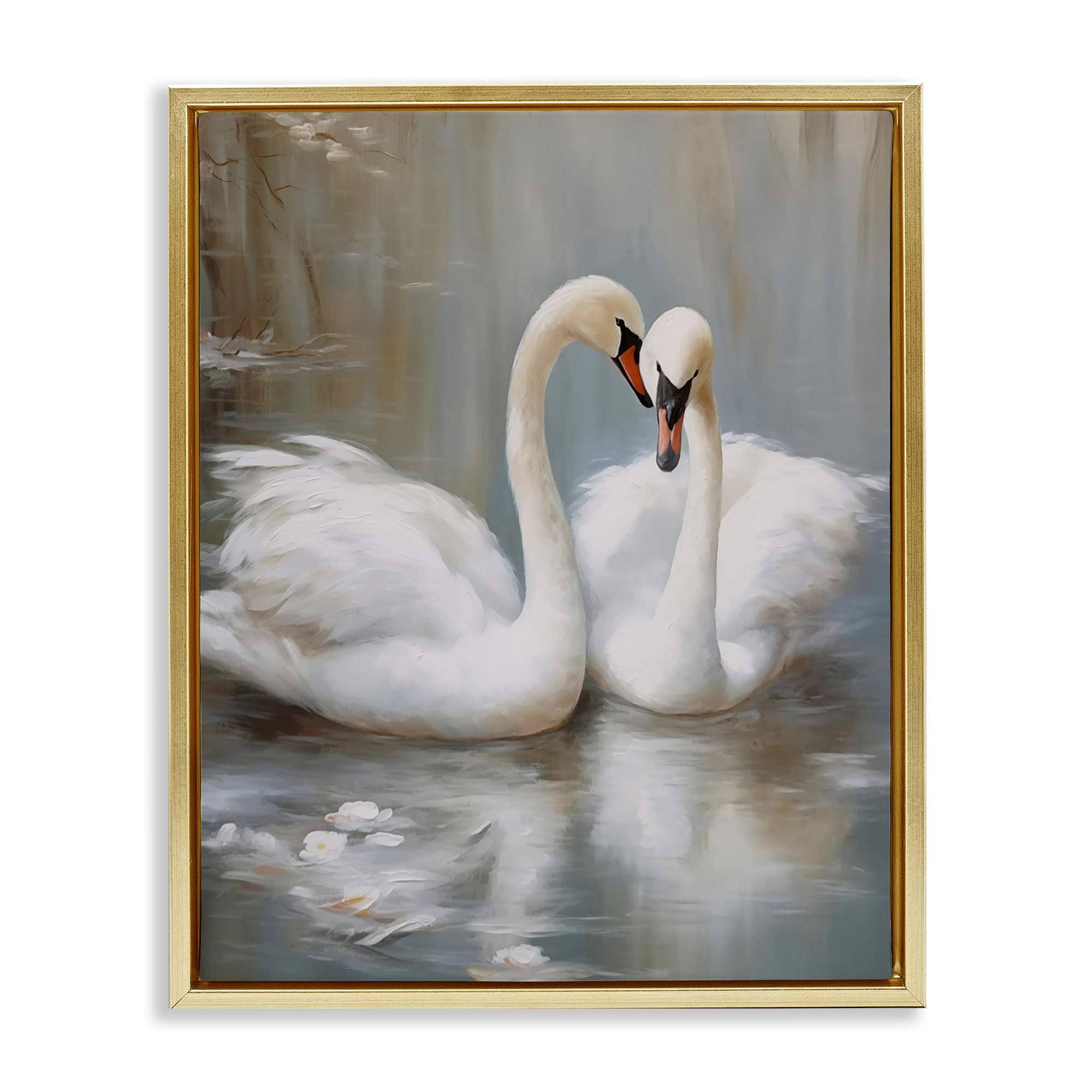 Stupell Industries BT-738-FFG-16X20 Kissing Swans on Pond Gold Framed Floater Canvas Wall Art By Arlington Prints 17 x 21