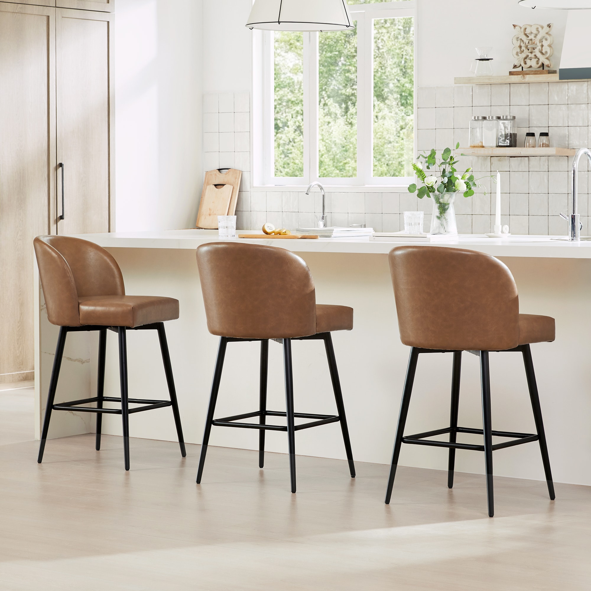 Circle 55 3-LWSY2001-PU6030 3 -Set Saddle Brown 26-in H Counter height Bucket seat Upholstered Swivel Metal Bar Stool and Back