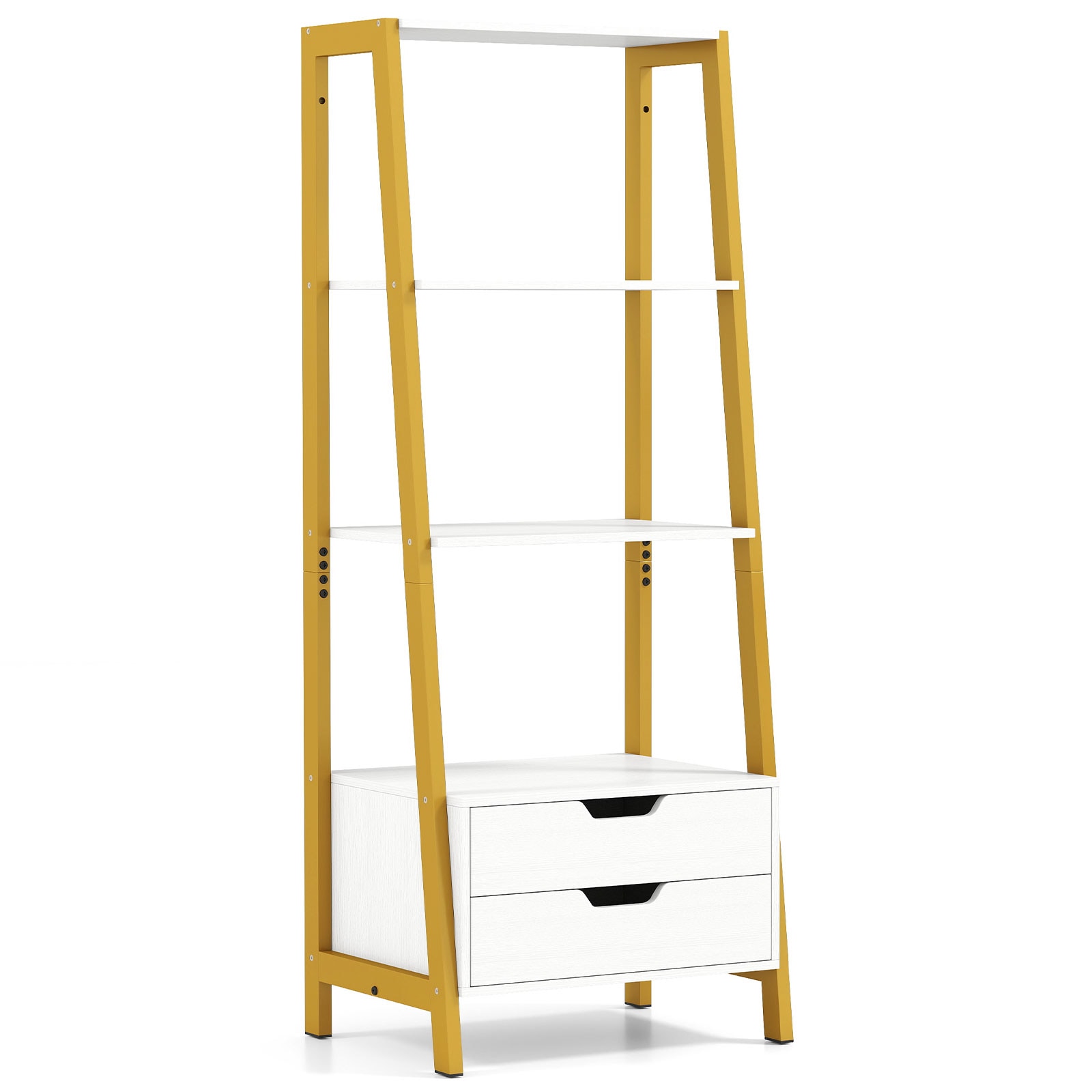 Slickblue D-CO-HW85621VJ Rustic Brown and Black/ White and Gold Engineered Wood Frame 4-Shelf Ladder Bookcase with 2 Drawers (20.5W x 52.5H x 15.5D) Vertical Storage for Home Office